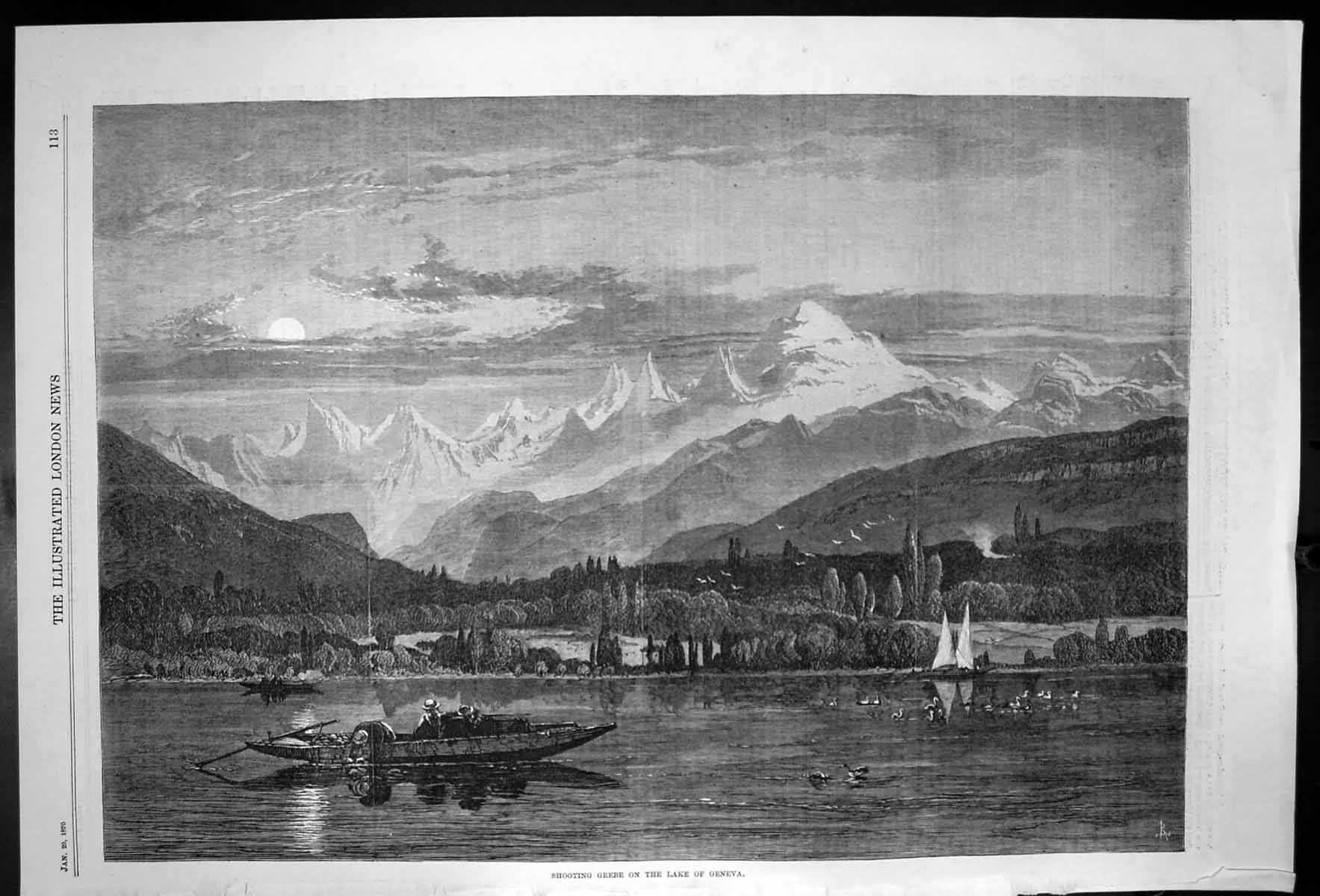 Antique Old Print Shooting Grebe On The Lake Geneva Mountains Lake Boat 1870