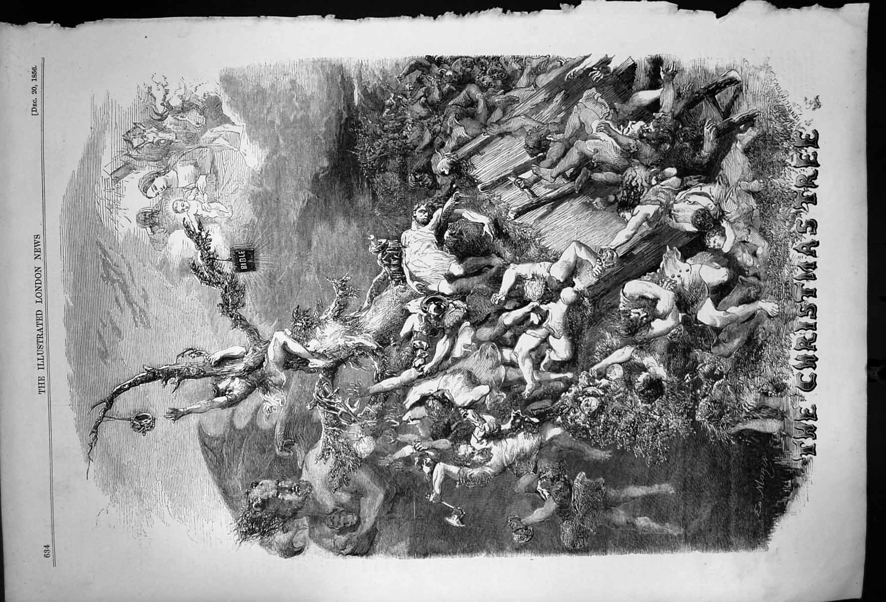 Antique Old Print The Christmas Tree Bible Baby Jesus Tree Henry Linton 1856
