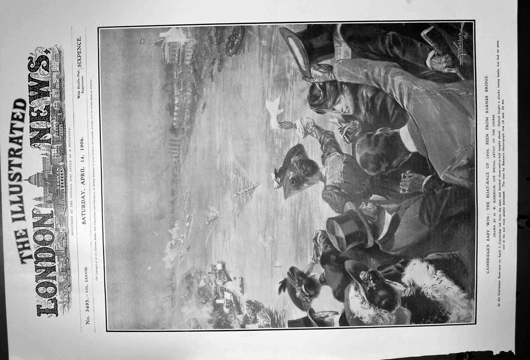 Old Print Cambridges Easy Win The Boat Race 1906 Seen From Barnes Bridge 20th