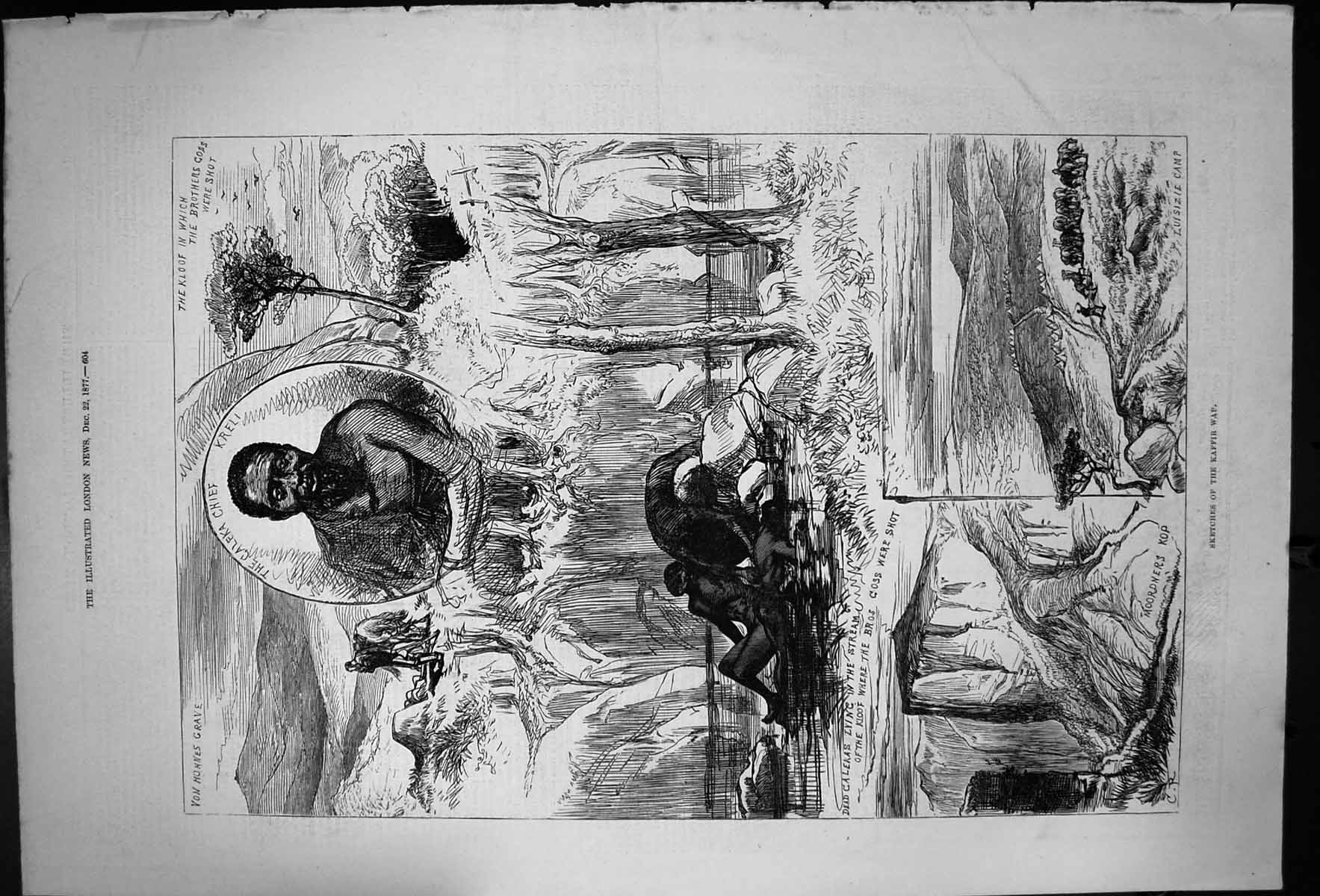 Antique Old Print Sketches The Kaffir War Galeka Chief Von Hohnes Grave 1877