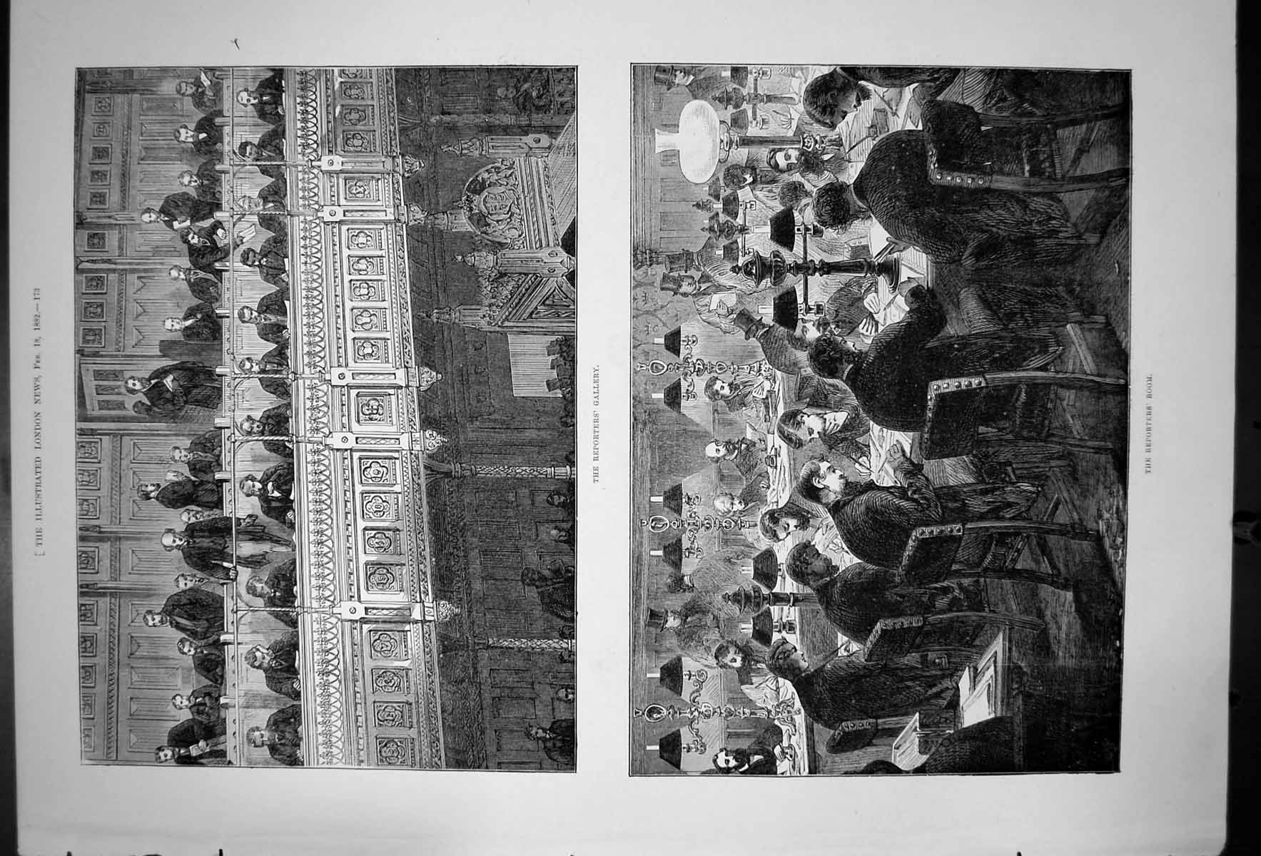 Original Old Antique Print The Reporters Gallery The Reporters Room 1882 19th