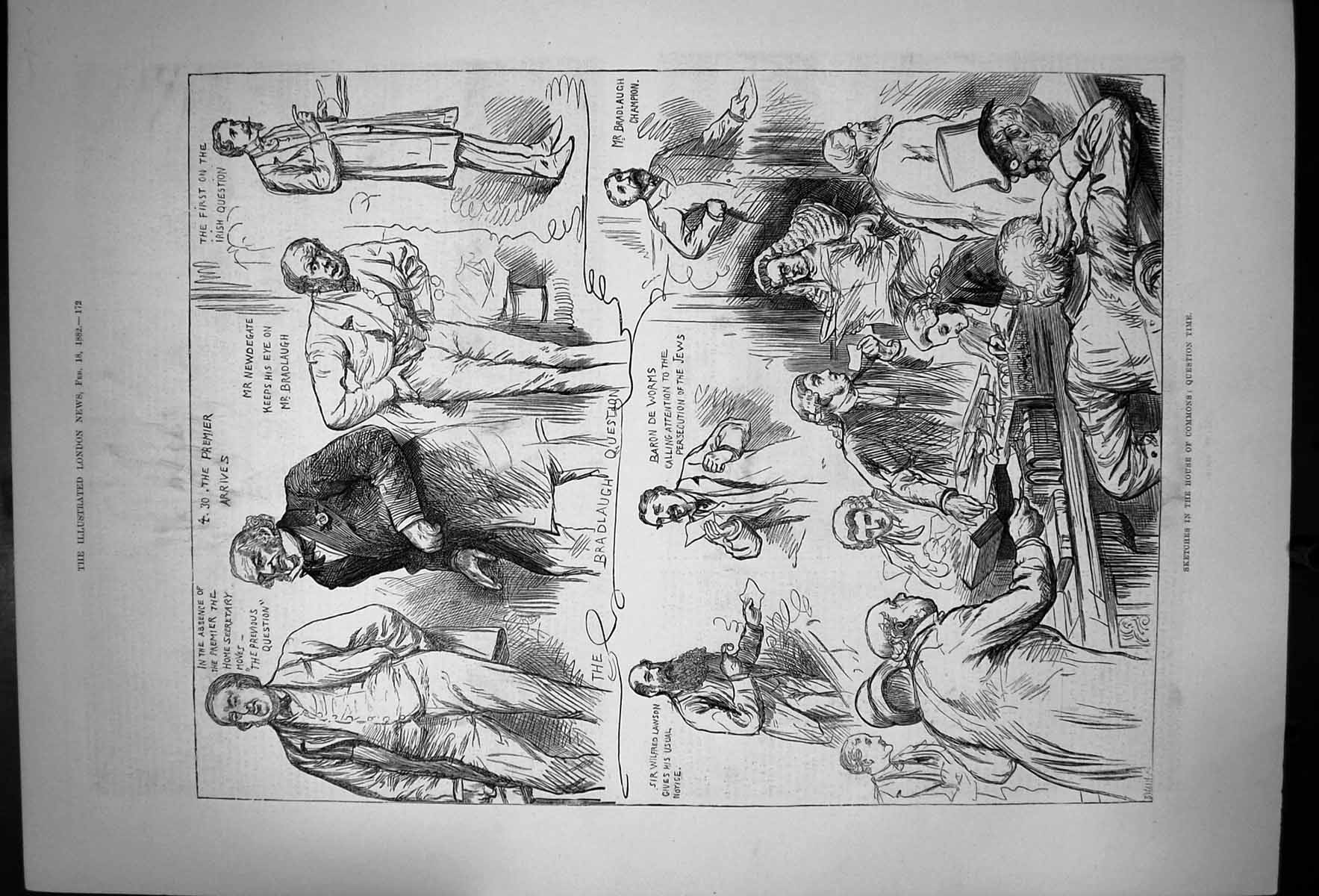 Antique Old Print Skectehs In The House Commons Question Time Bradlaugh 1882