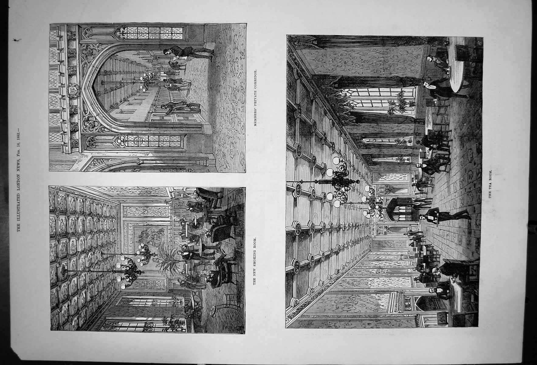 Antique Old Print Members Private Corridor New Smoking Room The Tea Room 1882