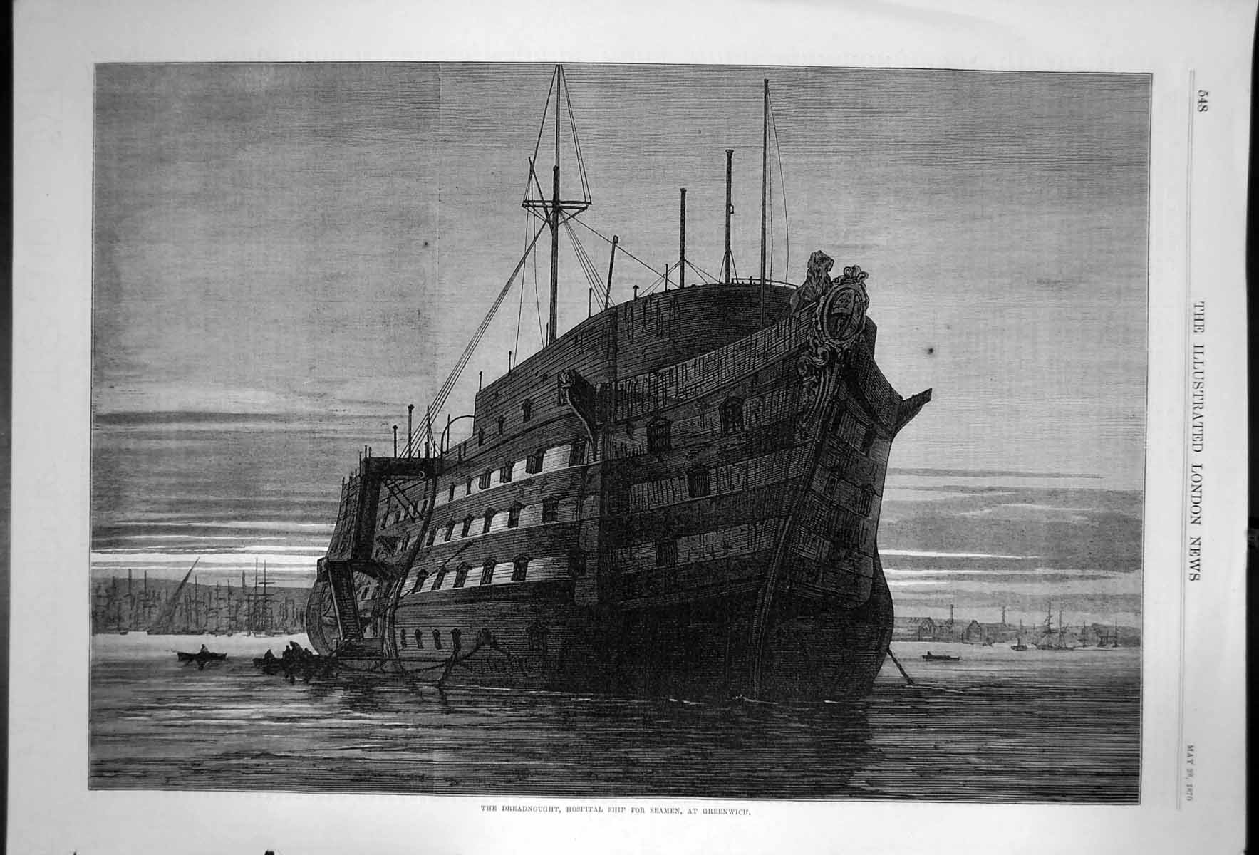 Antique Old Print The Dreadnought Hospital Ship For Seamen At Greenwich 1870