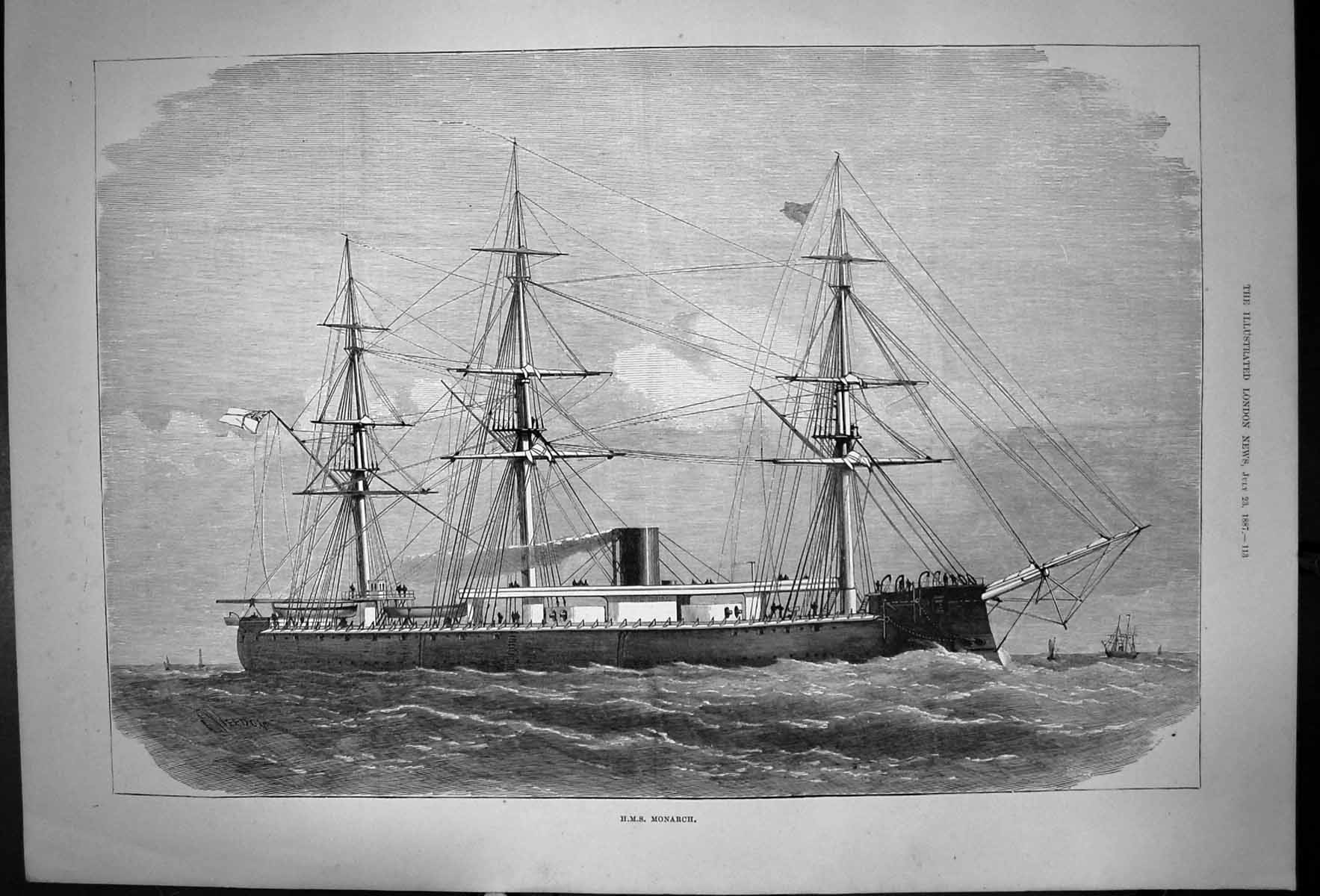 Antique Old Print Hms Monarch Boat Ship Funnel Mast Waves Seamen Queen 1887