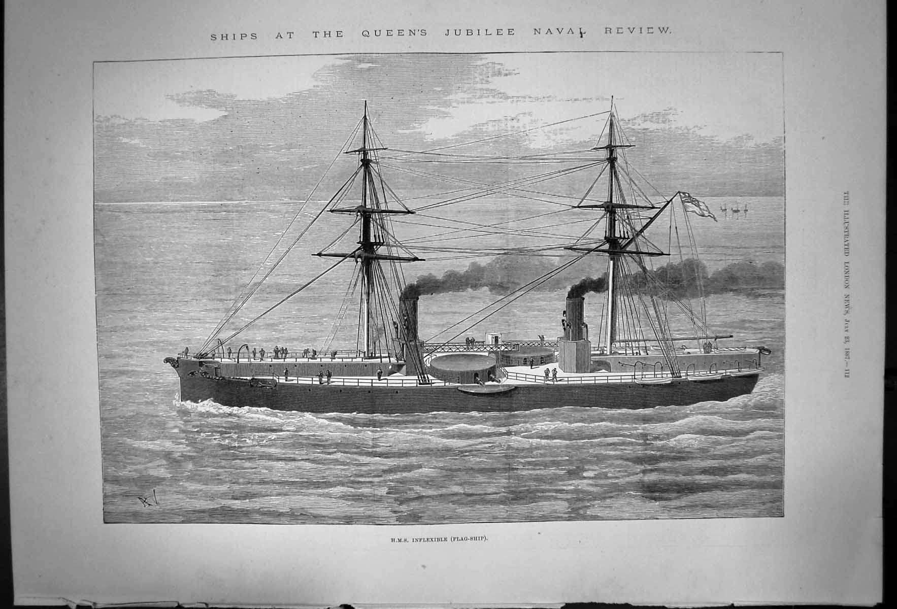 Antique Old Print ShipsˇAtˇQueensˇJubileeˇNavalˇReviewˇHms Inflexible 1887 19th