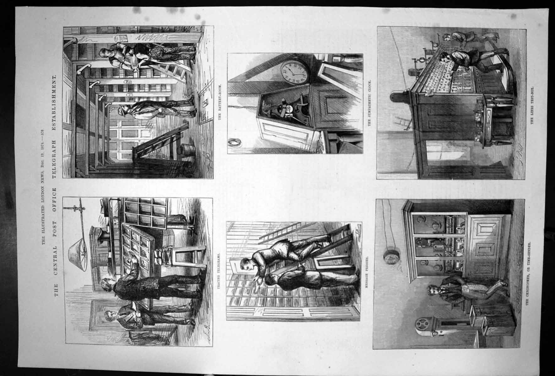 Antique Print Central Post Office Telegrams Battery Room Presses Lines 1874