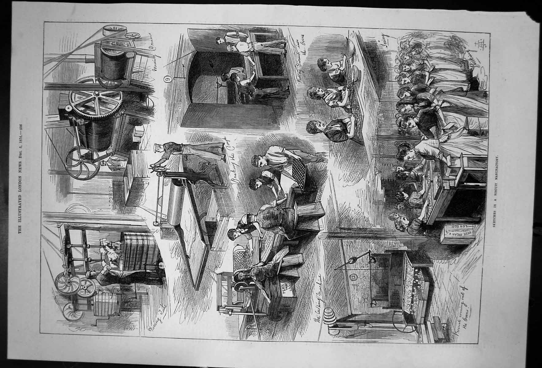 Antique Print Sketches In A Biscuit Manufactory Cutting Braking Ovens 1874 19th