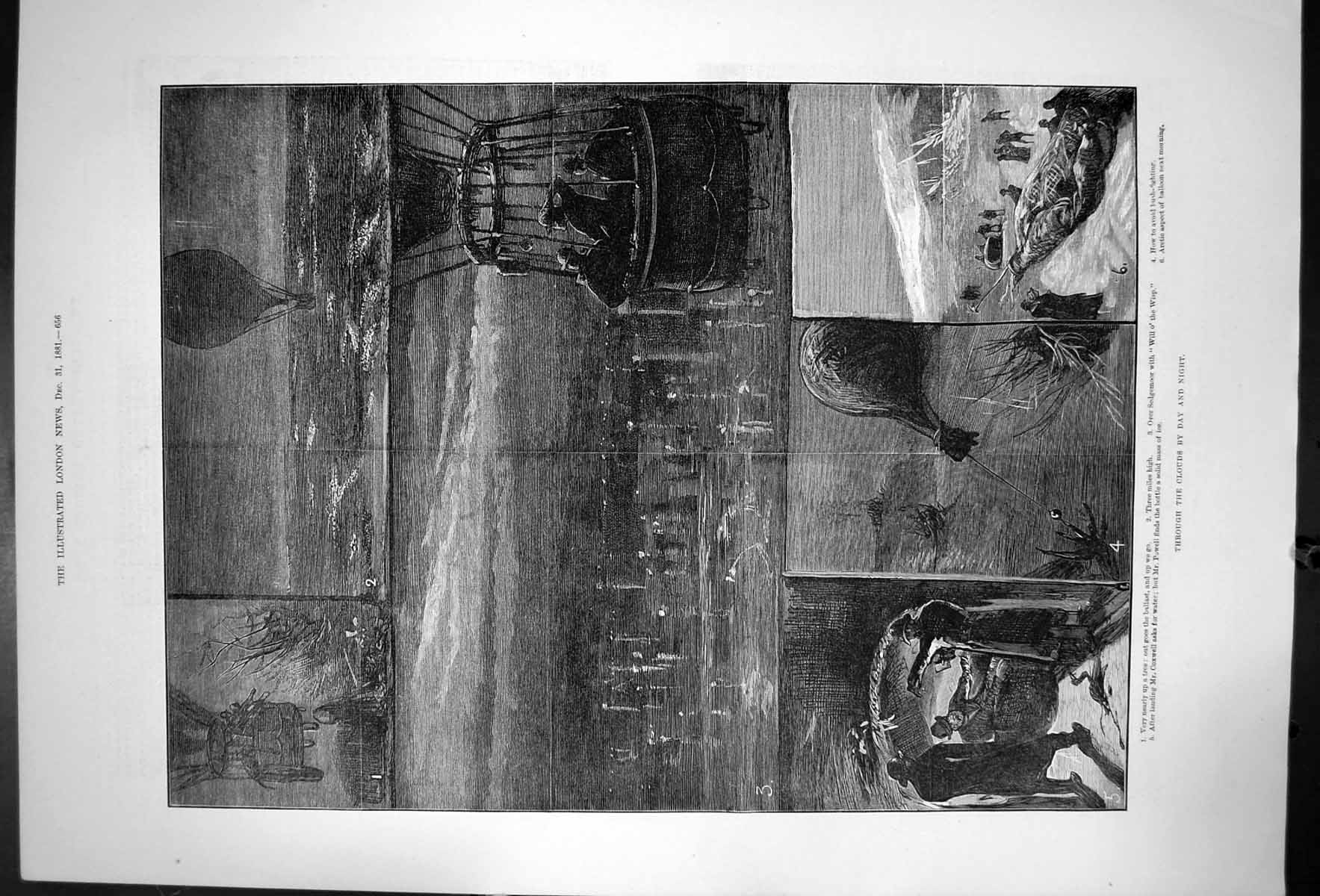 Antique Print Through The Clouds By Day And Night Mr Coxwell Balloons 1881 19th