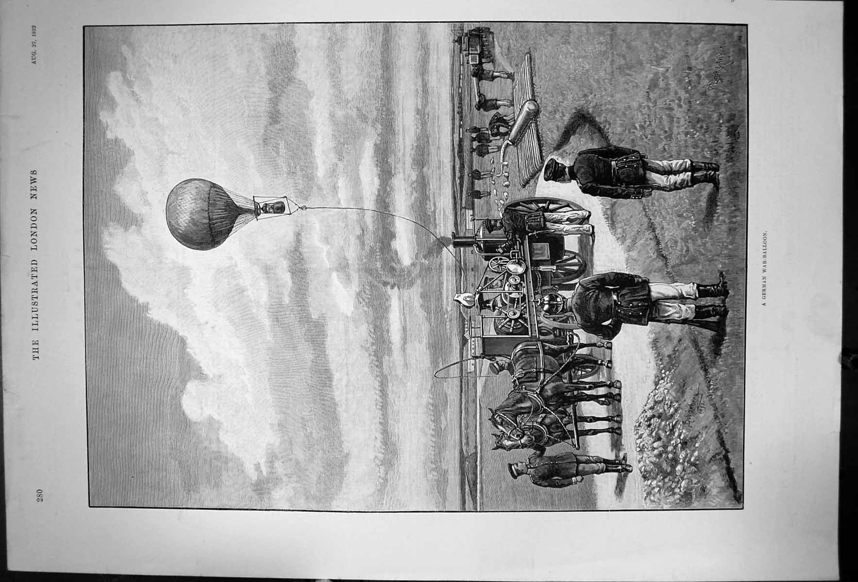Original Old Antique Print A German War-Balloon Horse Carriage Siers 1892 19th