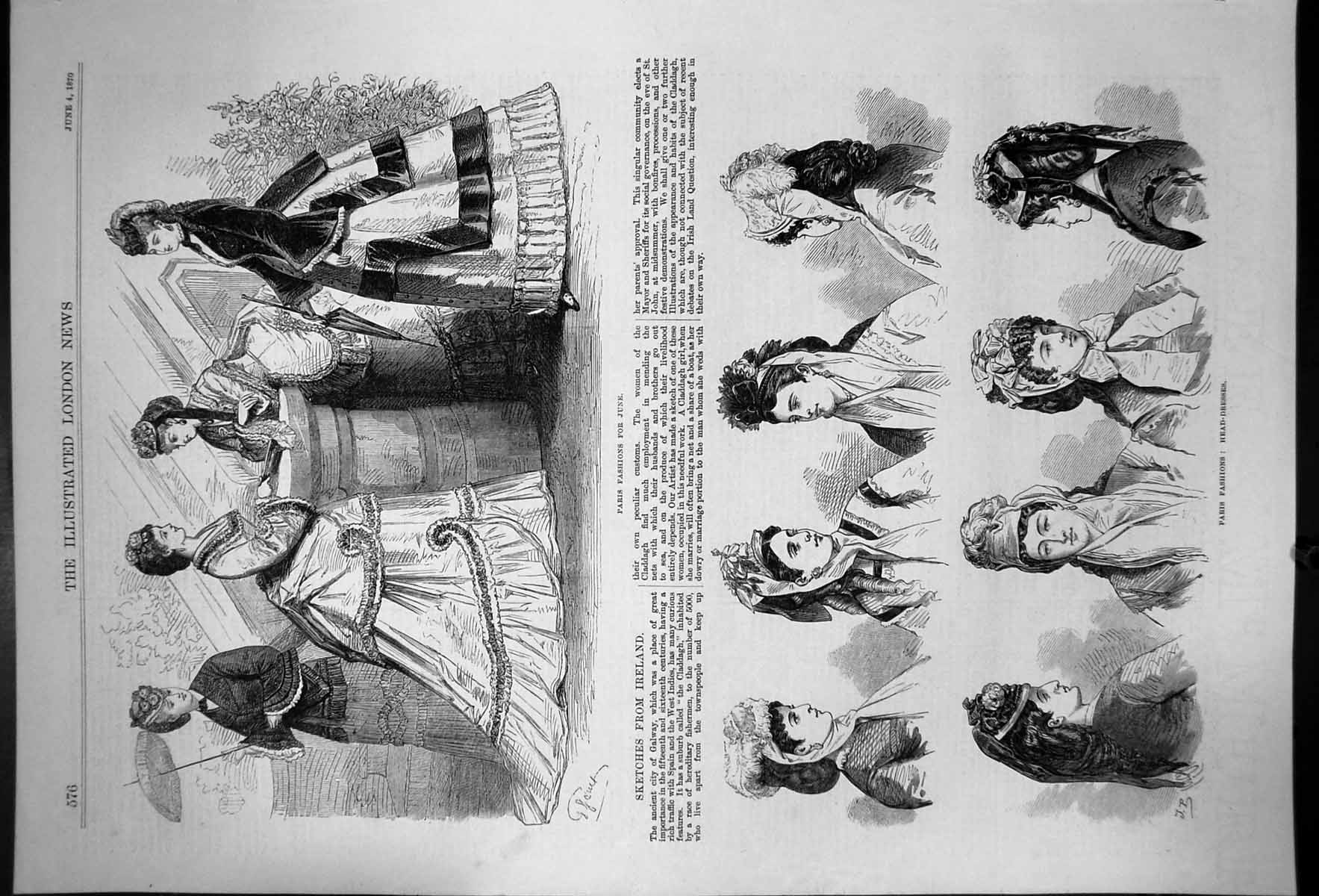 Old Print Paris Fashions Head-Dressers Fashions June Sketch Ireland 1870 19th