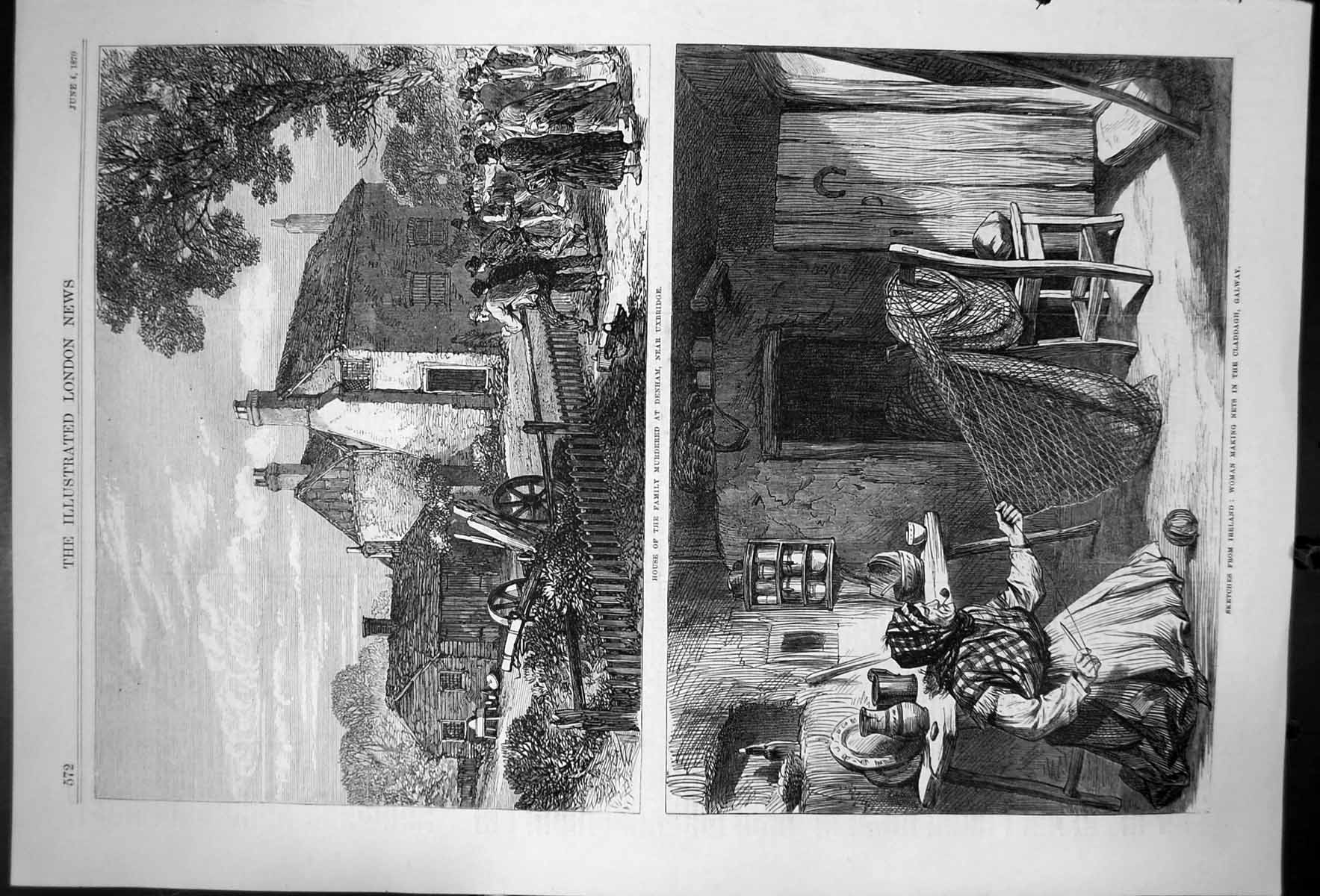 Old Print Sketches Ireland Woman Making Nets Denham Uxbridge Galway 1870 19th