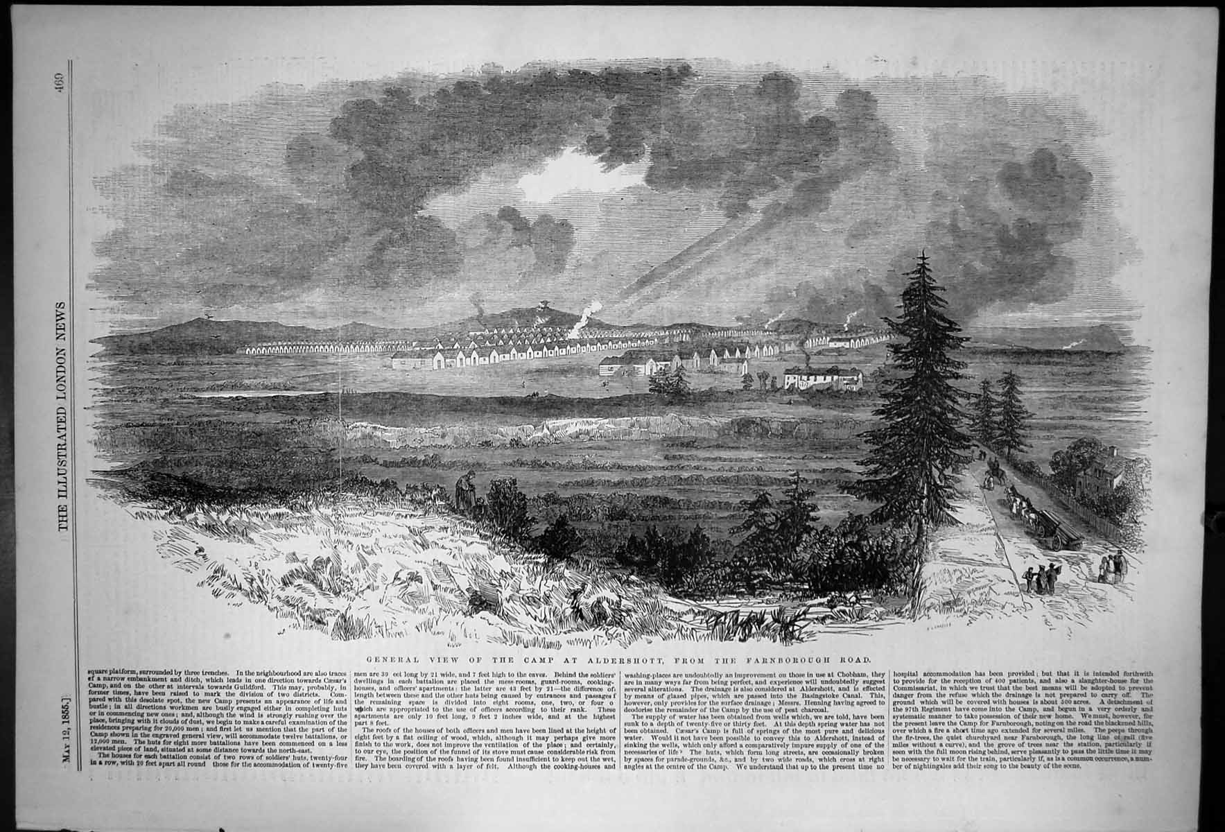 Old Print General View The Camp At Aldershott From Farnborough Road 1855 19th