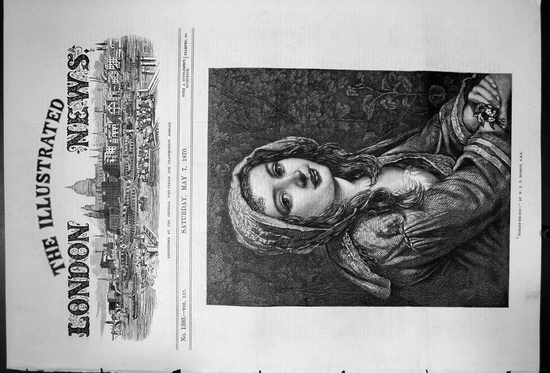 Antique Old Print Forget Me Not By Wct Dobson Portrait Young Girl Sketch 1870