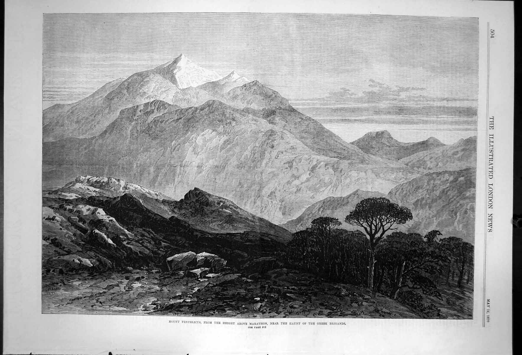 Old Print Mount Pentelicus Height Above Marathon Near Greek Brigands 1870 19th