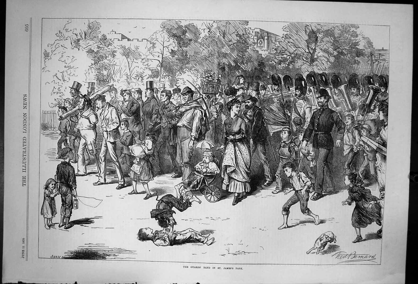 Old Antique Print The Guards Band In St James'S Park London Children 1870 19th