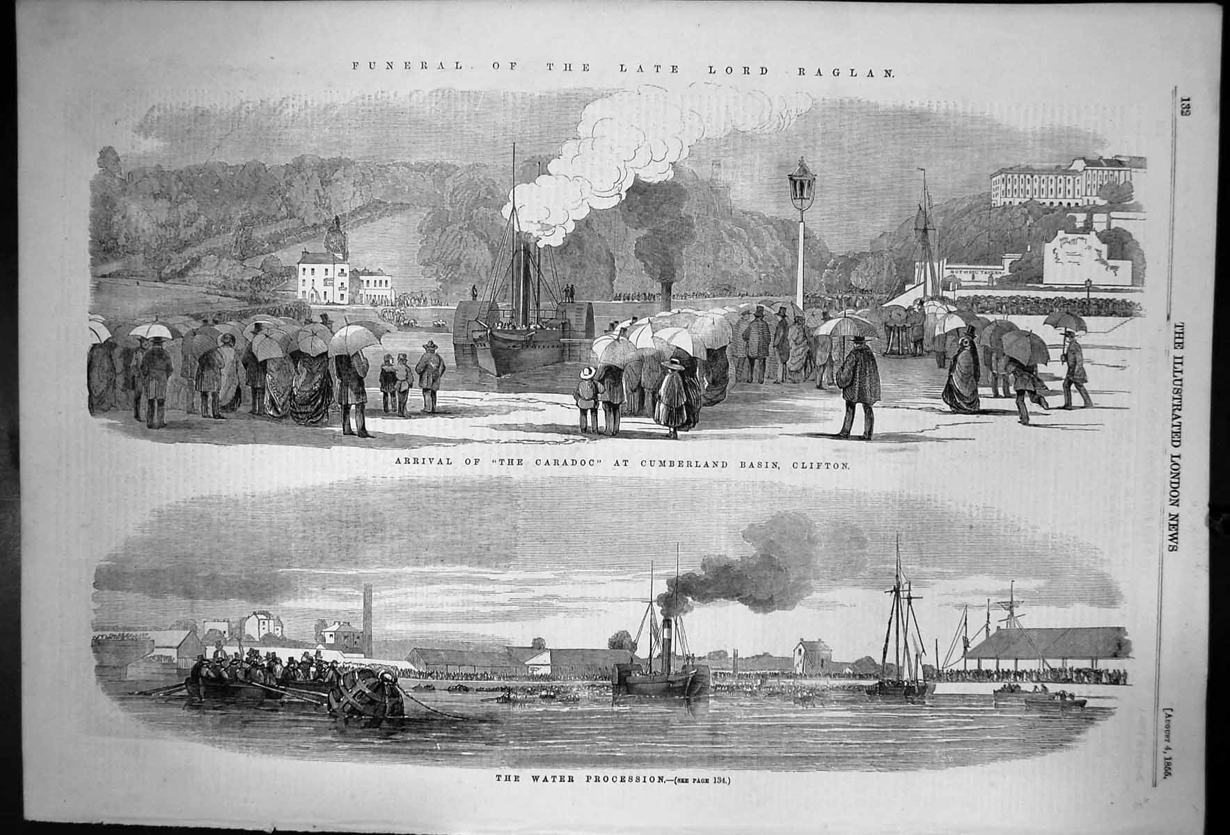 Old Print Funeral Lord Baglan Arrival Caradoc Cumberland Basin Water 1855 19th