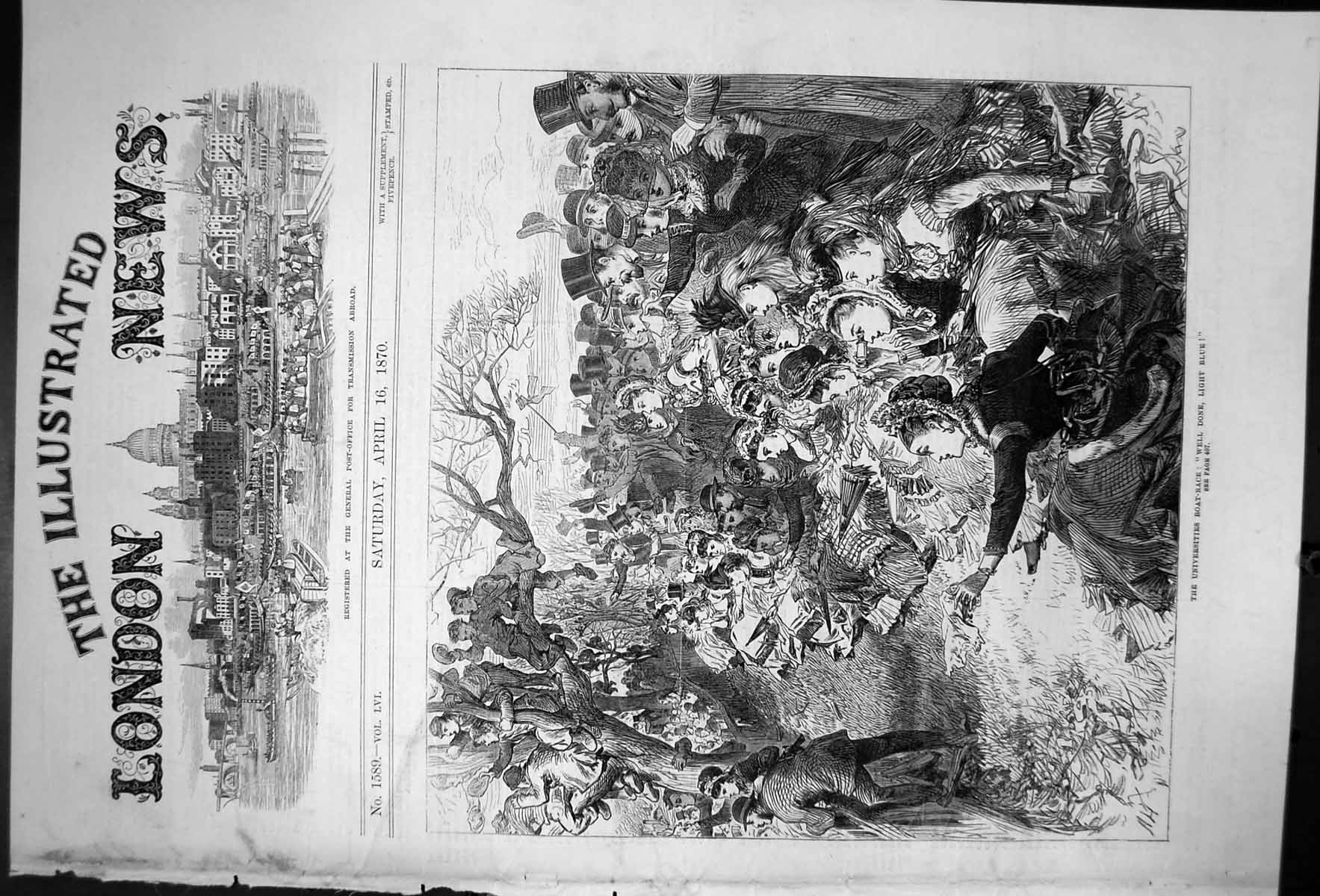 Antique Old Print The Universities Boat-Race Well Done Light Blue Thames 1870
