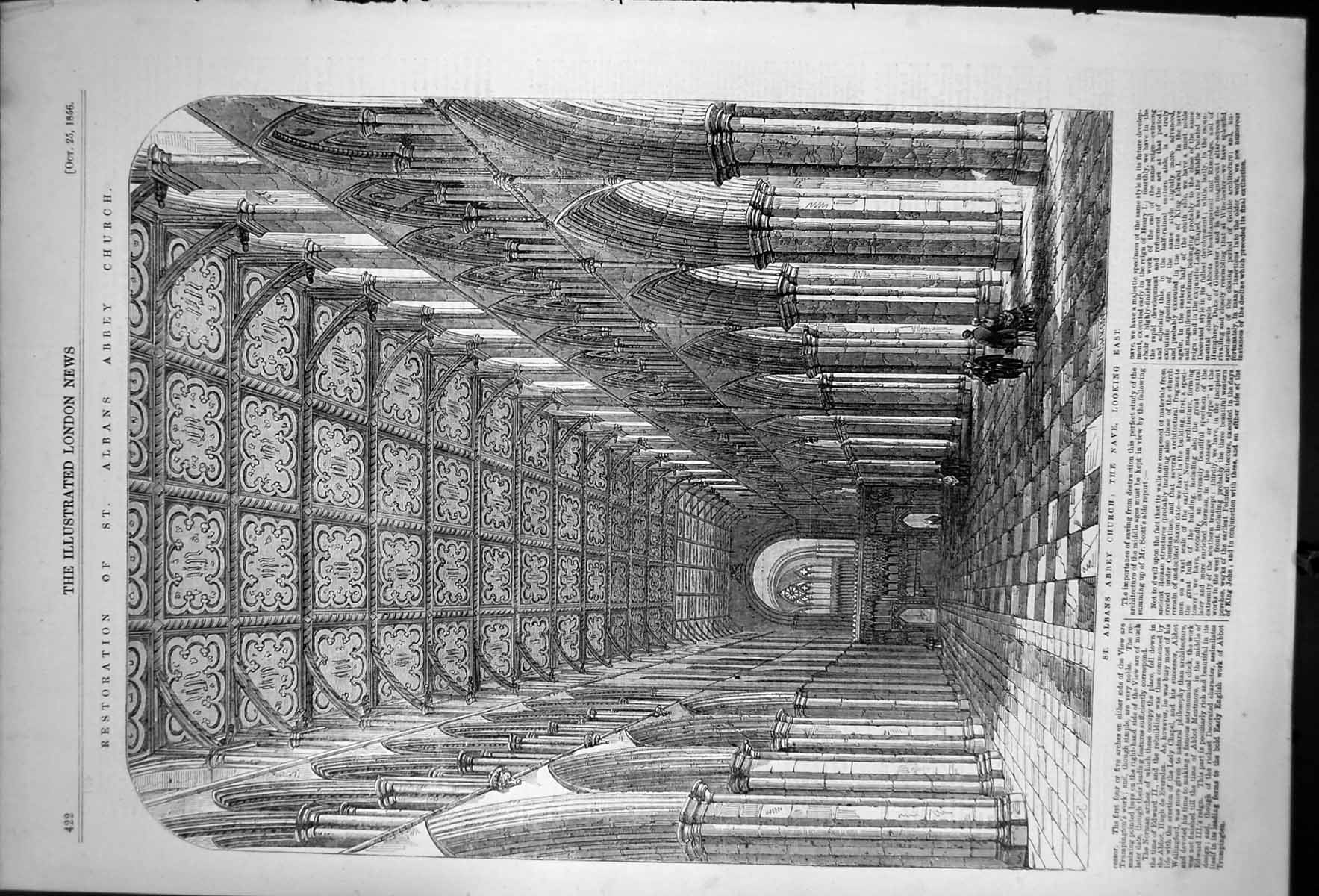 Antique Print St Albans Abbey Church The Nave Looking East Restoration 1856