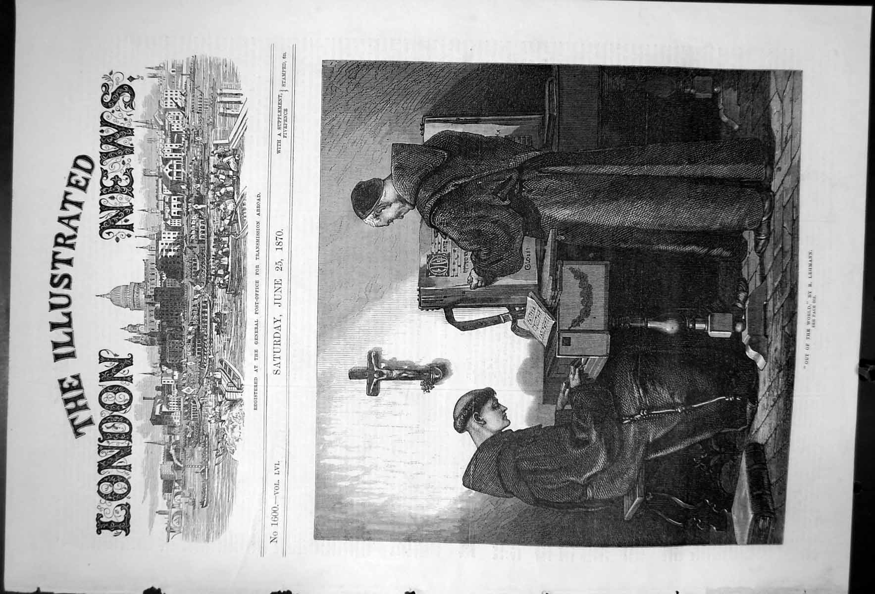 Antique Old Print Out The World By R Lehmann Church Organ Crucifix Hymns 1870