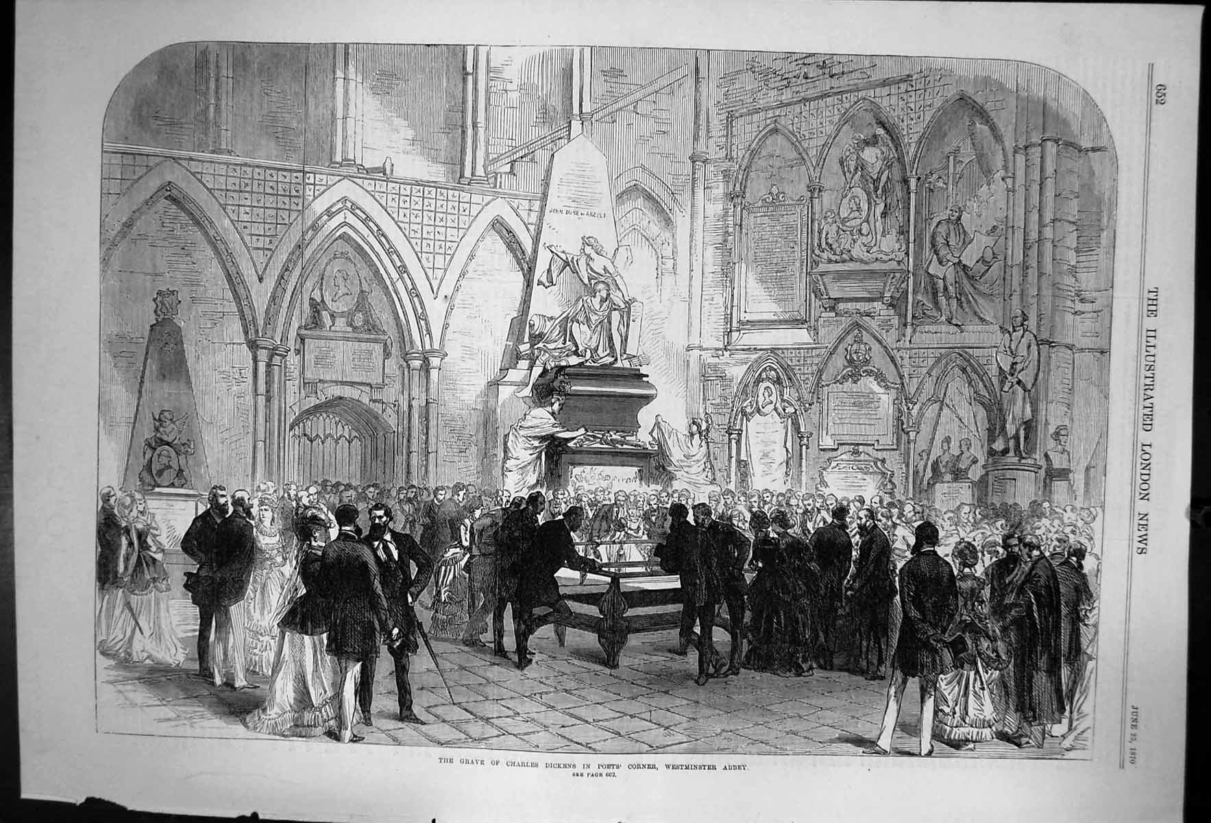 Antique Print Grave Charles Dickens In Poets Corner Westminster Abbey 1870 19th
