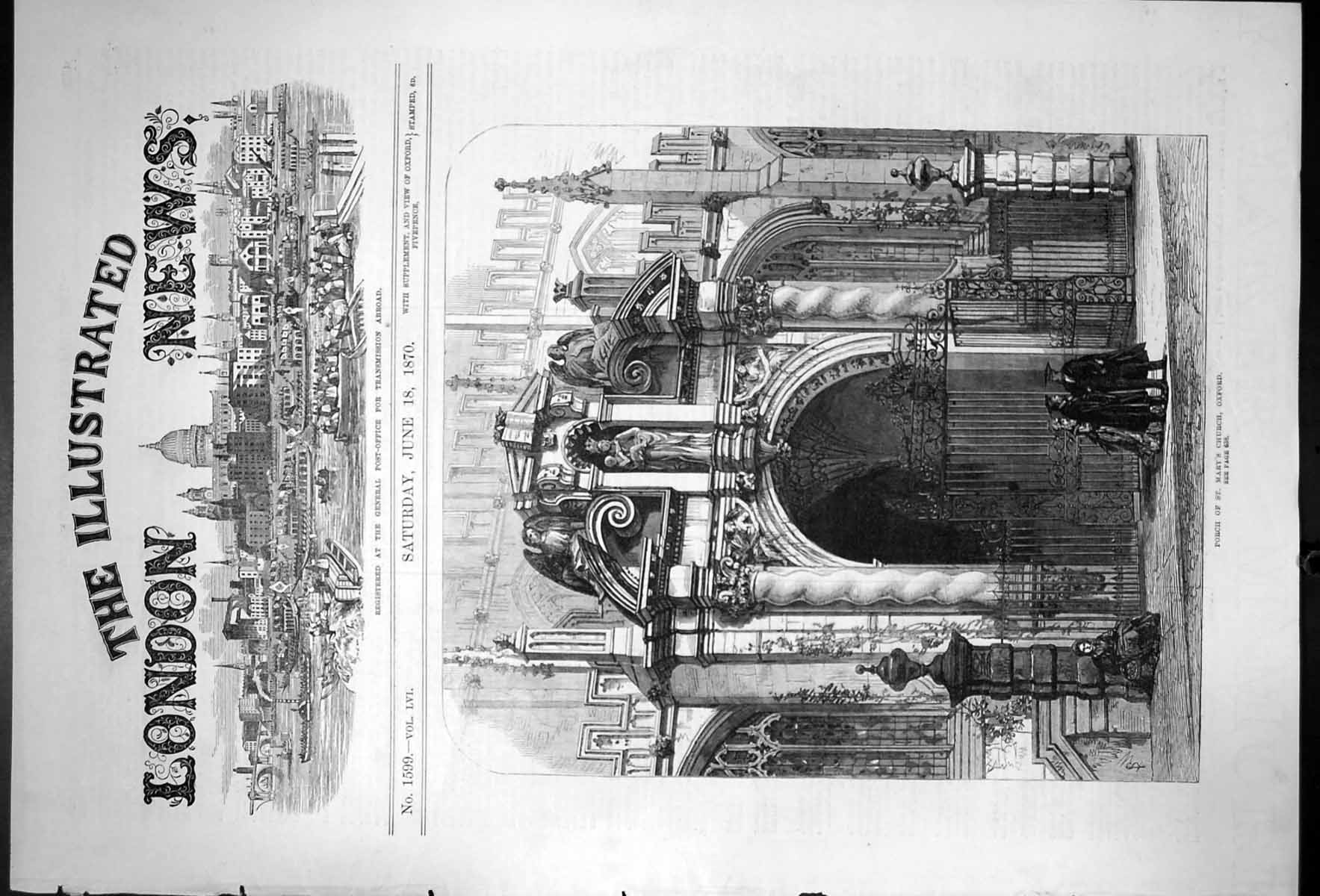 Original Old Antique Print Porch St Marys Church Oxford 1870 19th