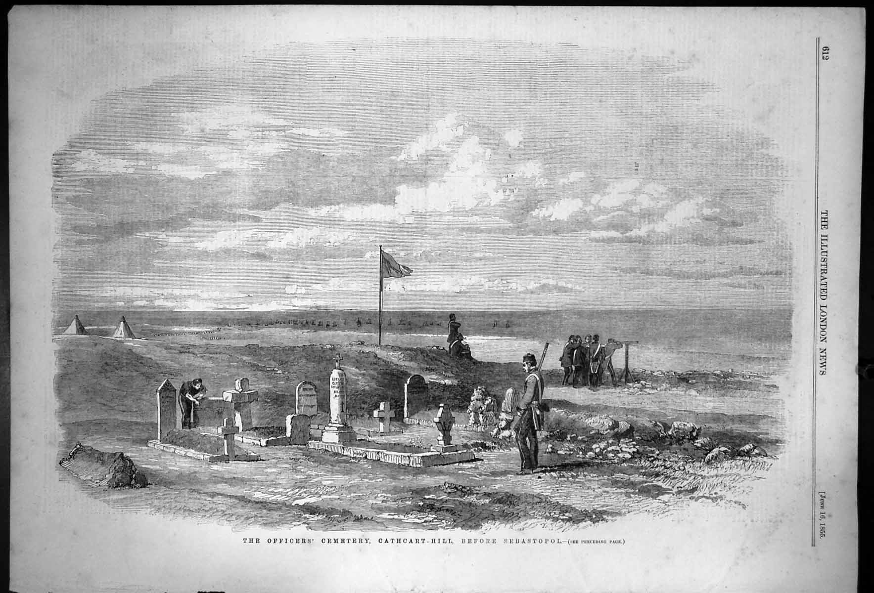 Antique Old Print The Officers Cemetery Cathcart-Hill Before Sebastopol 1855
