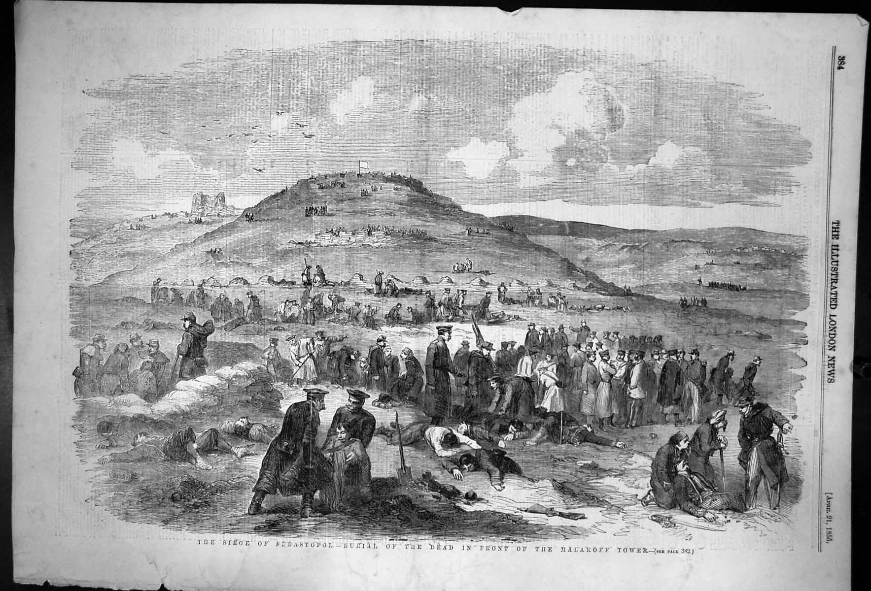 Antique Old Print Siege Sebastopol Burial Dead In Front Malakoff Tower 1855