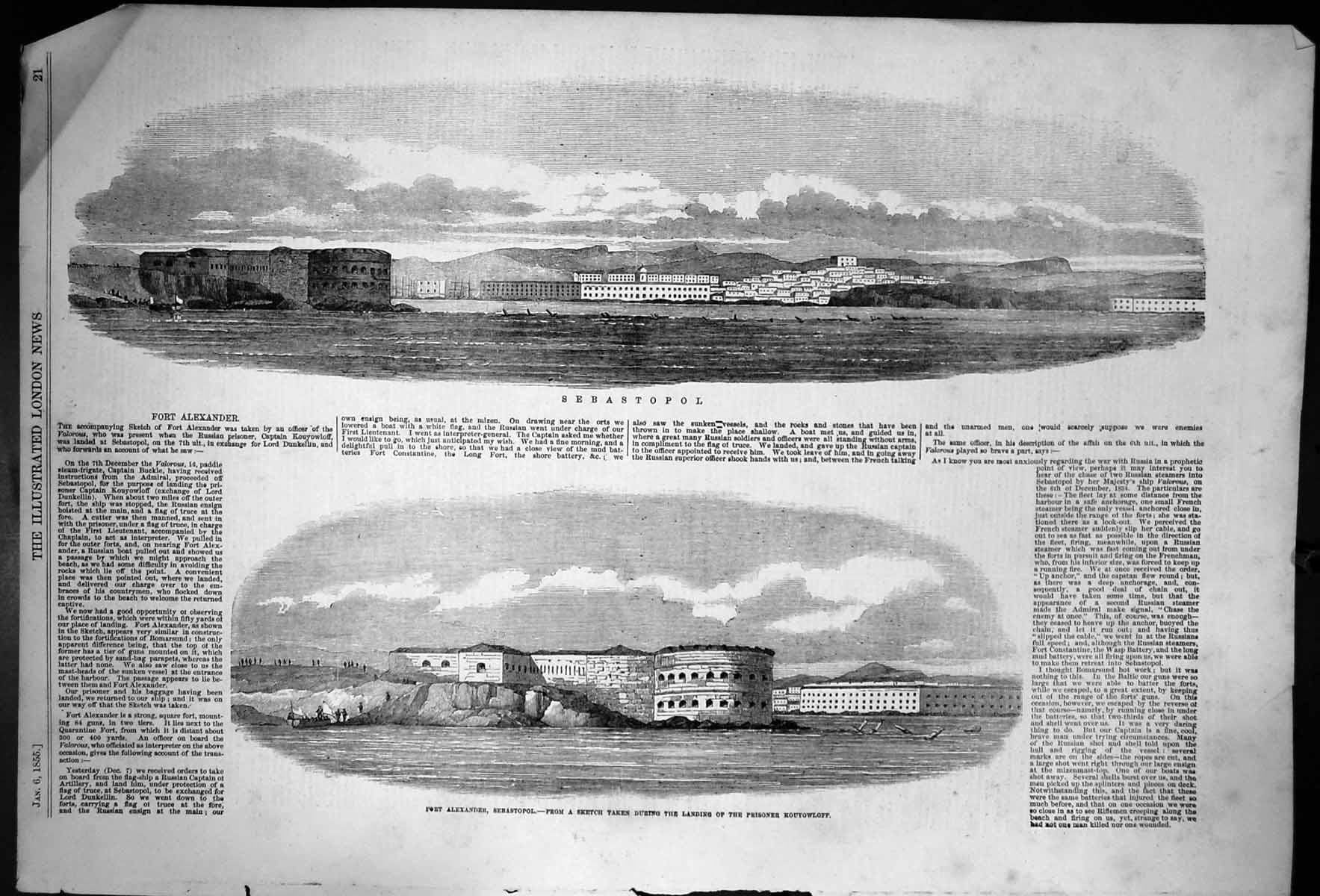 Antique Old Print Sebastopol Fort Alexander Landing Prisoner Kouyowloff 1855
