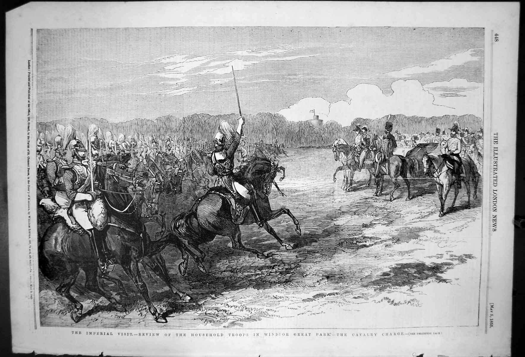 Antique Old Print Imperial Visit Review HousehTroops Windsor Great Park 1855