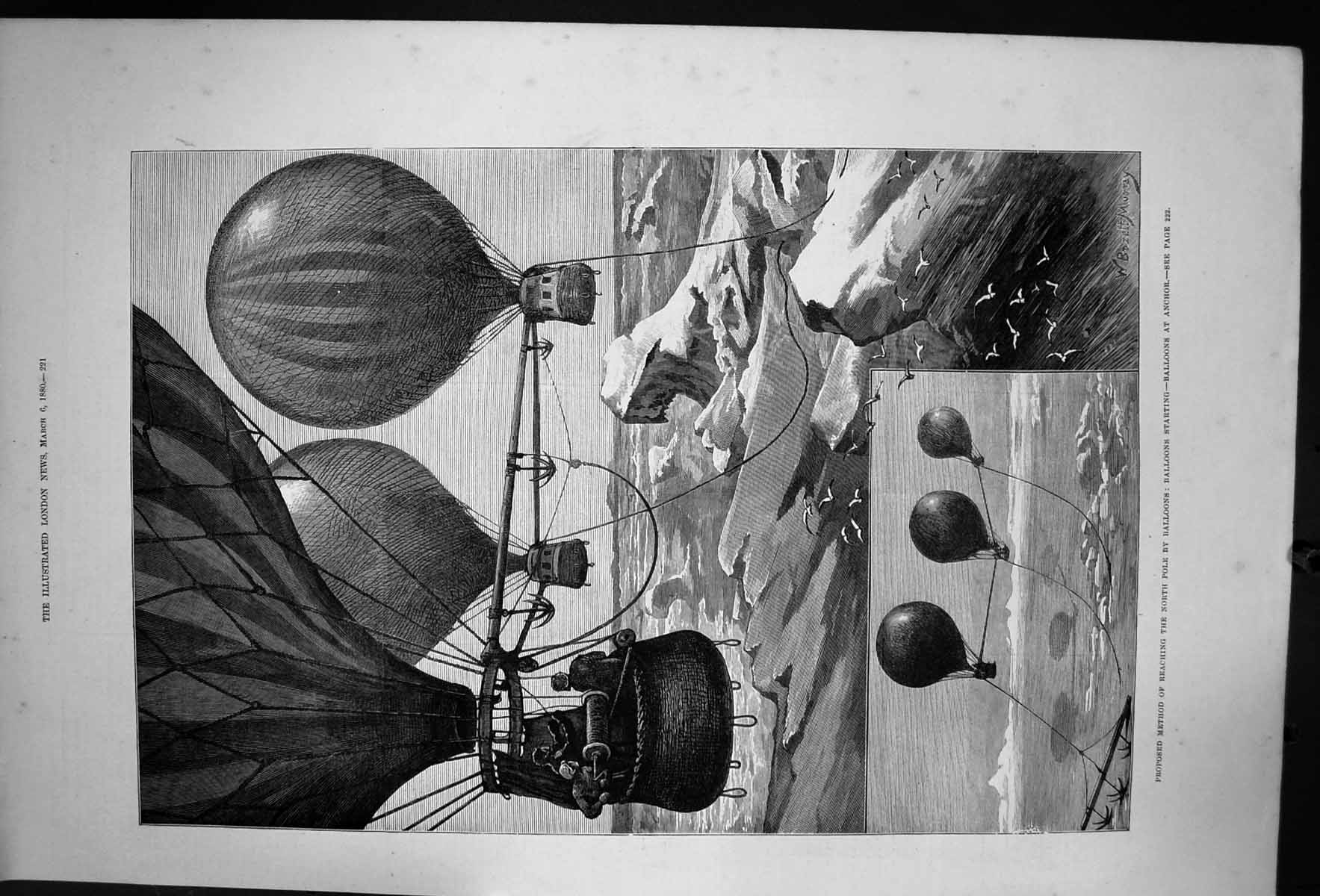 Antique Old Print Proposed Method Reaching North Pole Balloons At Anchor 1880