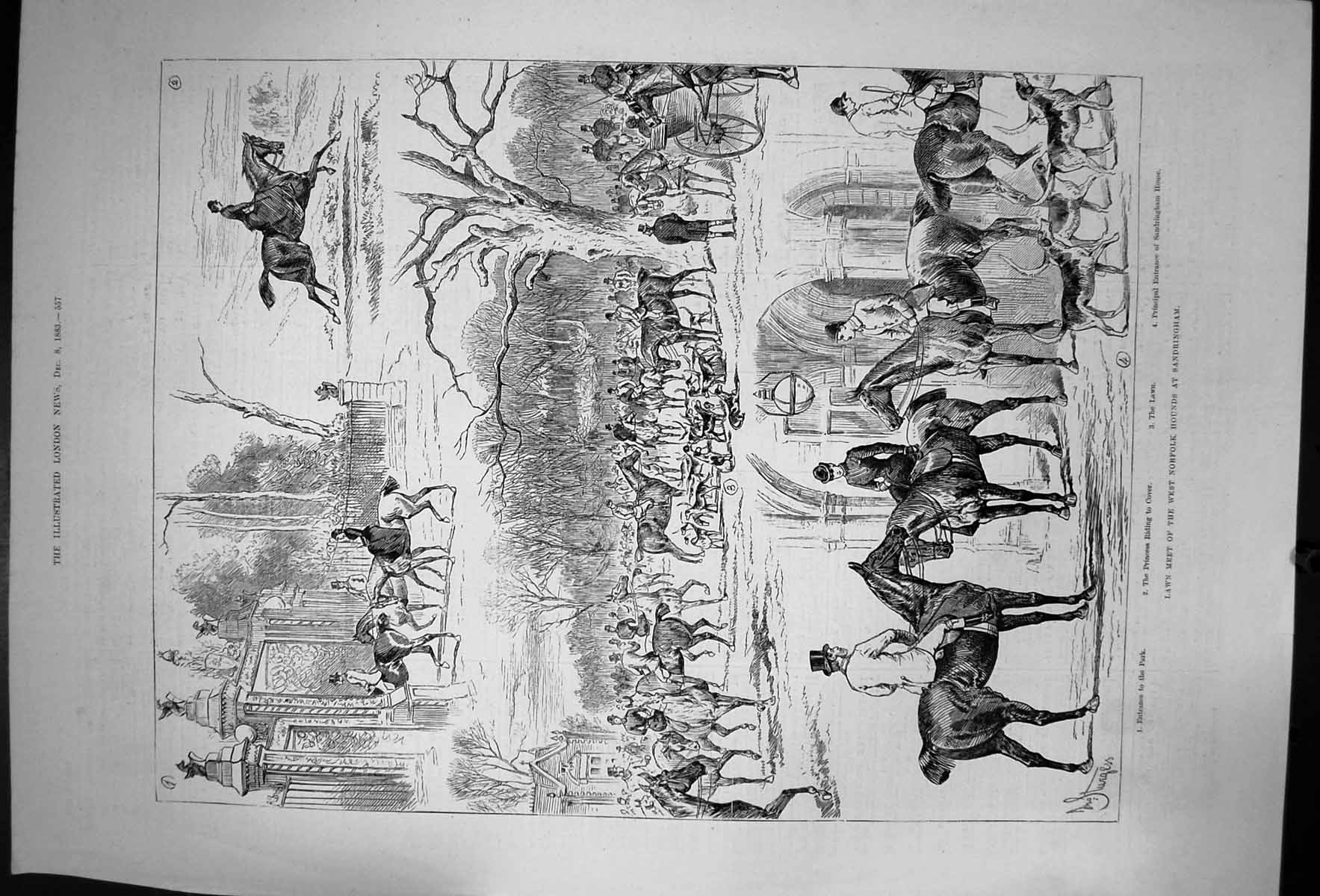 Antique Print Lawn Meet The West Norfolk Hounds At Sandringham Horses 1883 19th