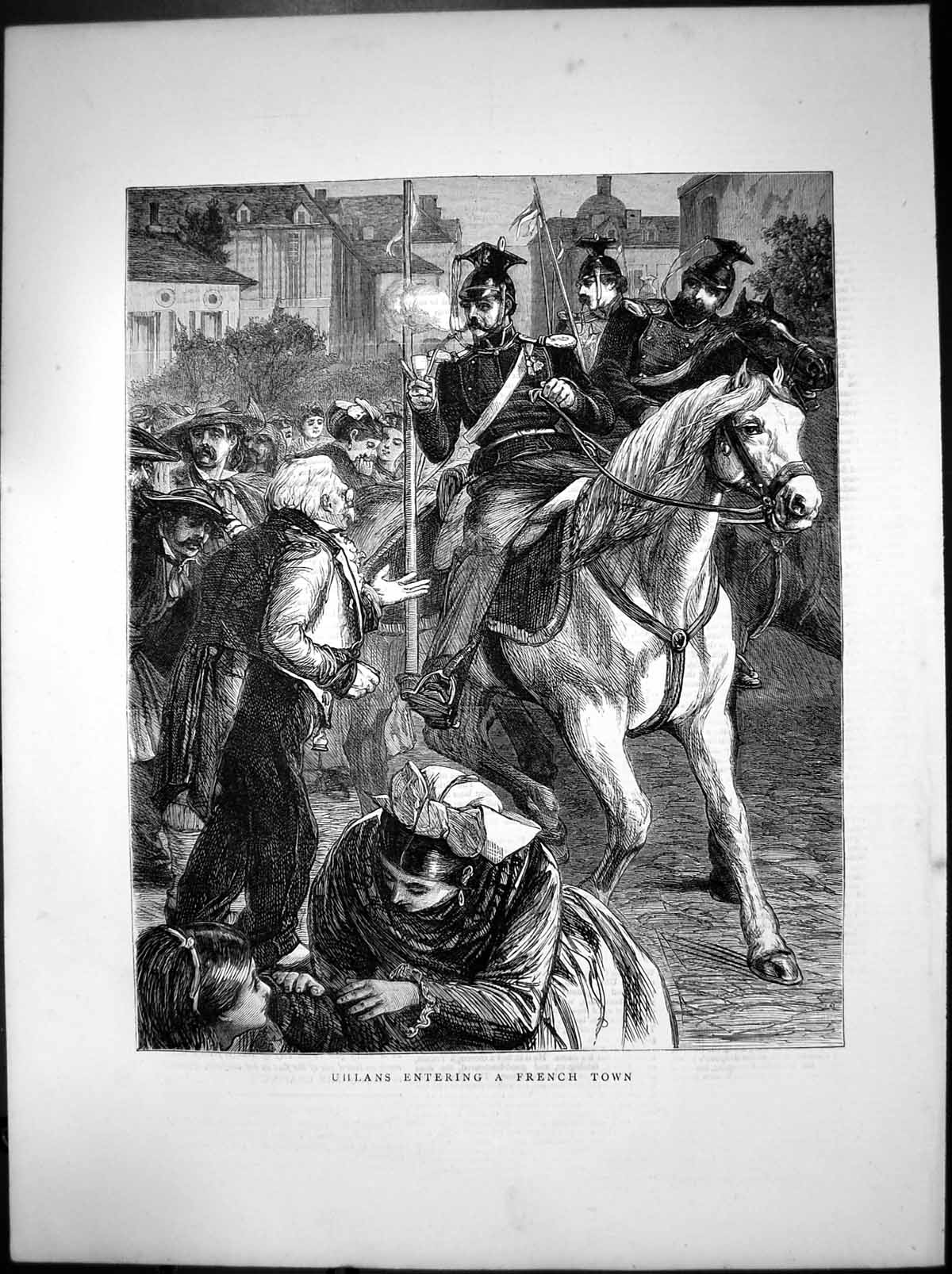 Original Old Antique Print Uhlans Entering French Town 1870 19th