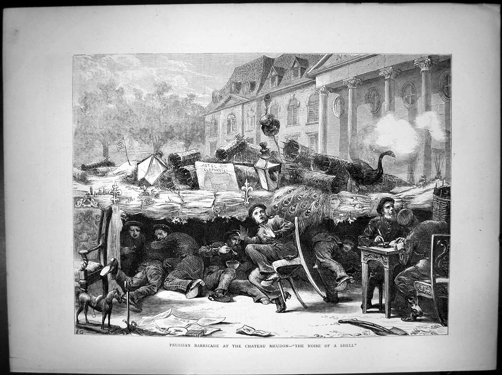 Original Old Antique Print Prussian Barricade Chateau Meudon Noise Shell 1870
