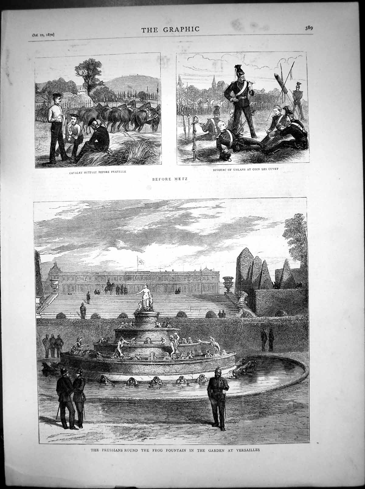 Antique Print Prussians Frog Fountain Versailles Uhlans Coin Les Cuvry 1870