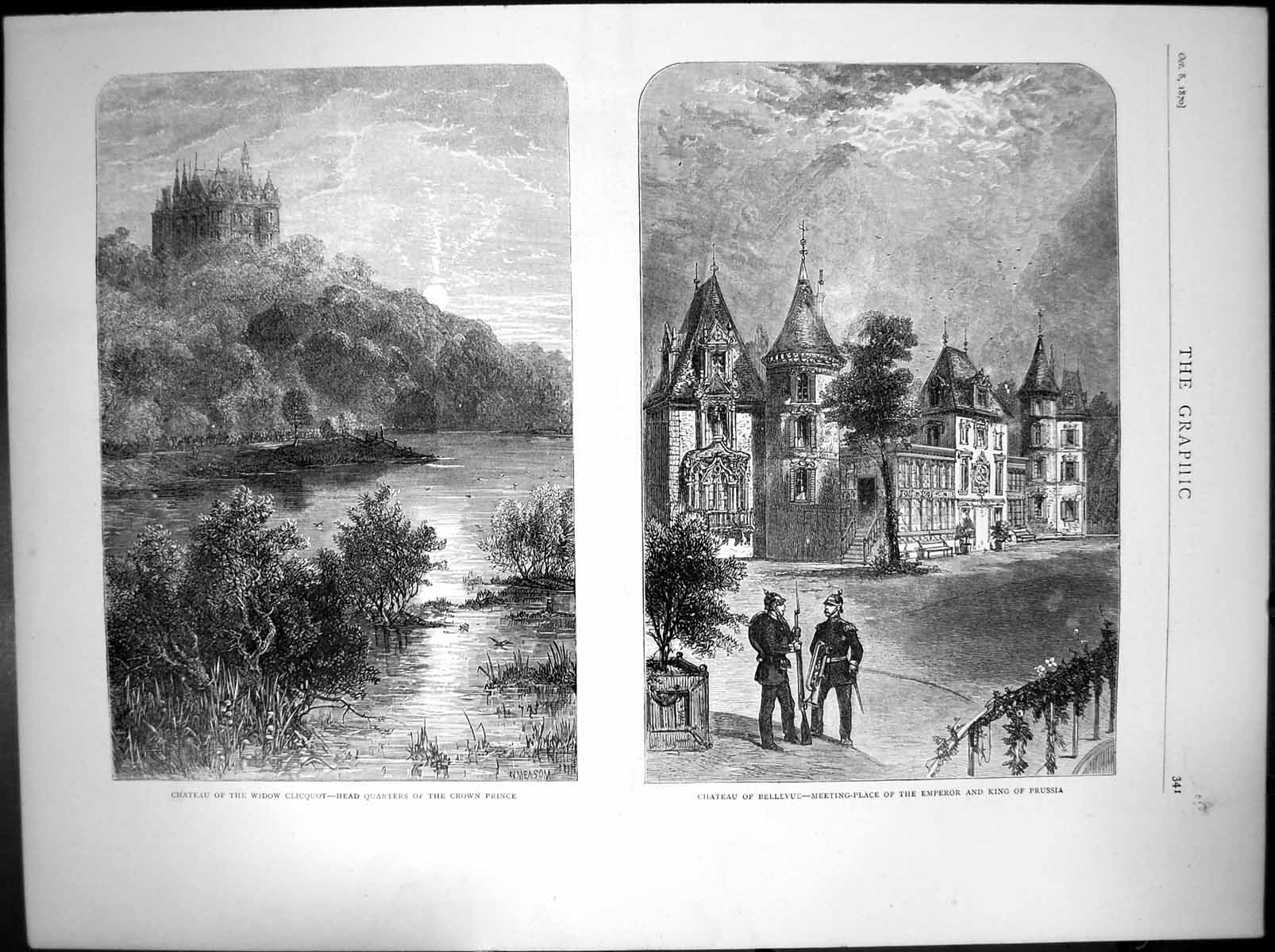 Original Old Antique Print Chateau Clicquot Crown Prince Chateau Bellevue 1870
