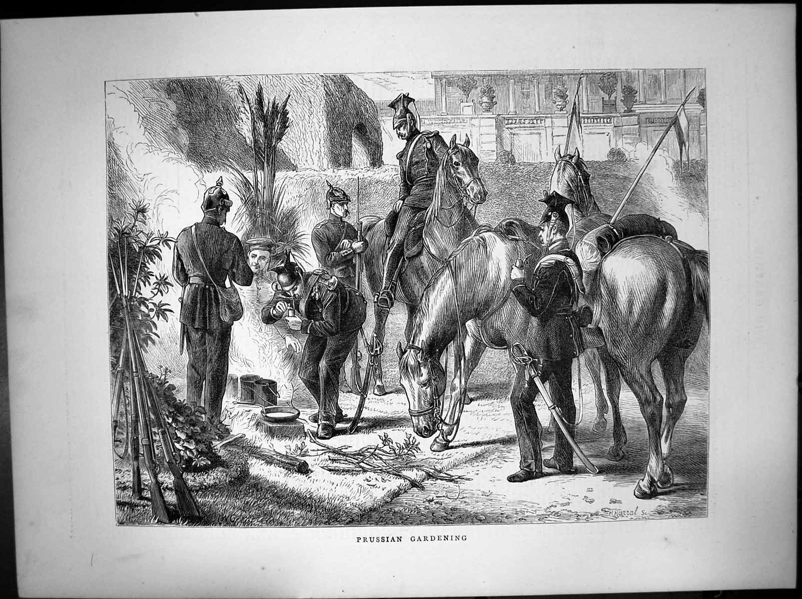 Original Old Antique Print Prussian Gardening Soliers Resting 1870 Victorian