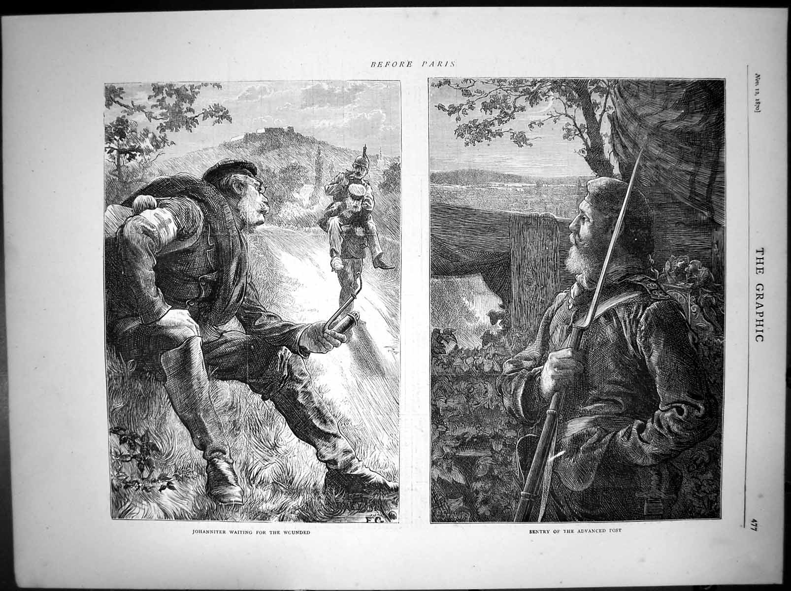 Original Old Antique Print Johanniter Waiting Wounded Sentry Advanced Post 1870