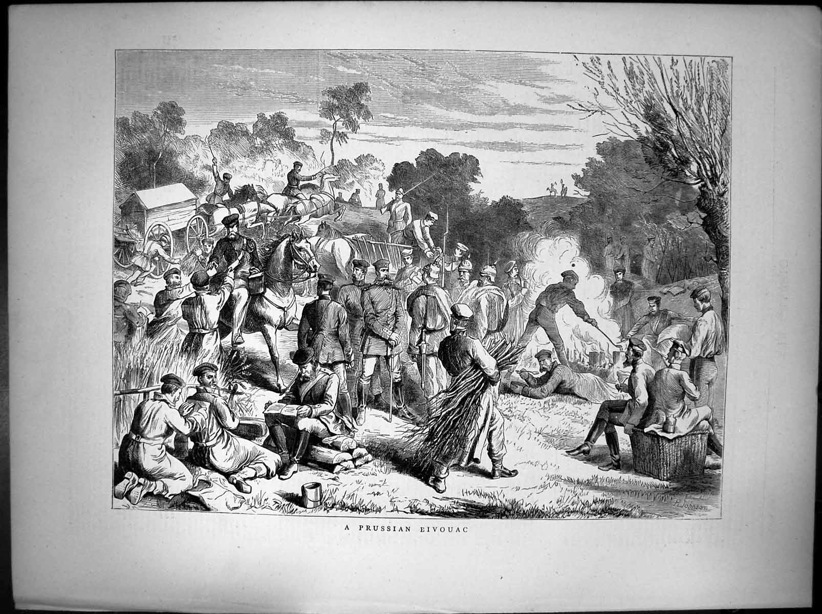 Antique Print Prussian Bivouac R Johnson Siers Resting Lighting Fire 1870 19th