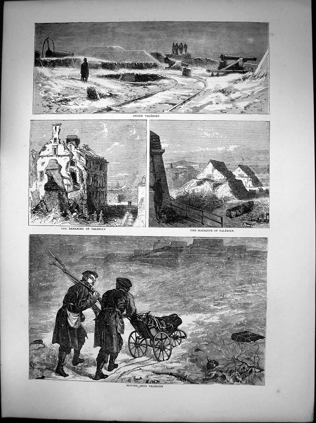 Original Old Antique Print Inside Valerien Barracks Magazine Moving Into 1871
