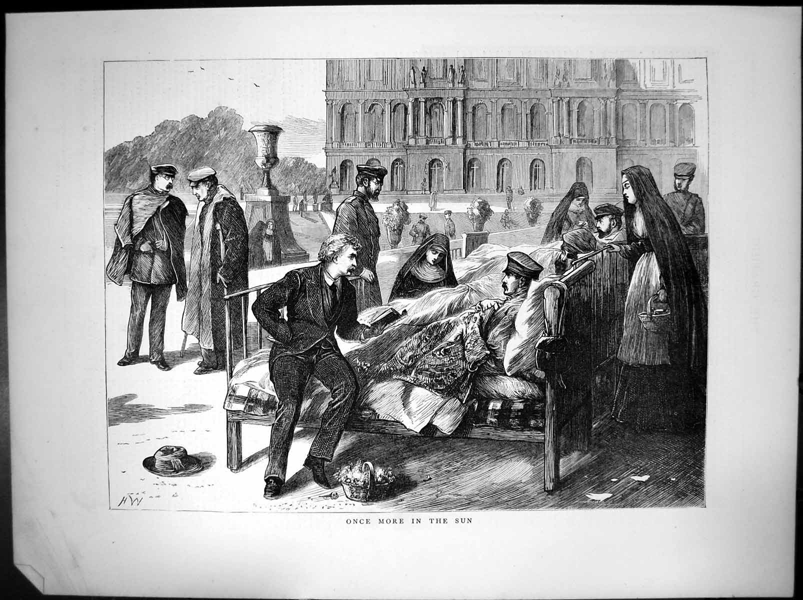 Original Old Antique Print Once More In Sun Siers In Beds Outside Nurses 1870