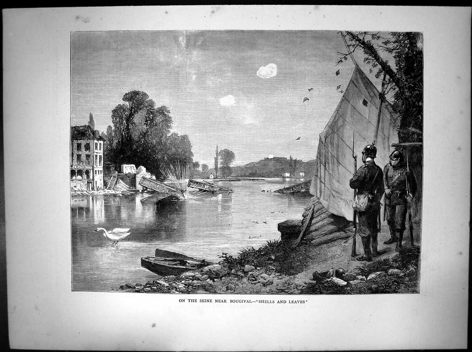 Old Antique Print Seine Near Bougival Shells Leaves Bridge Destroyed 1870 19th