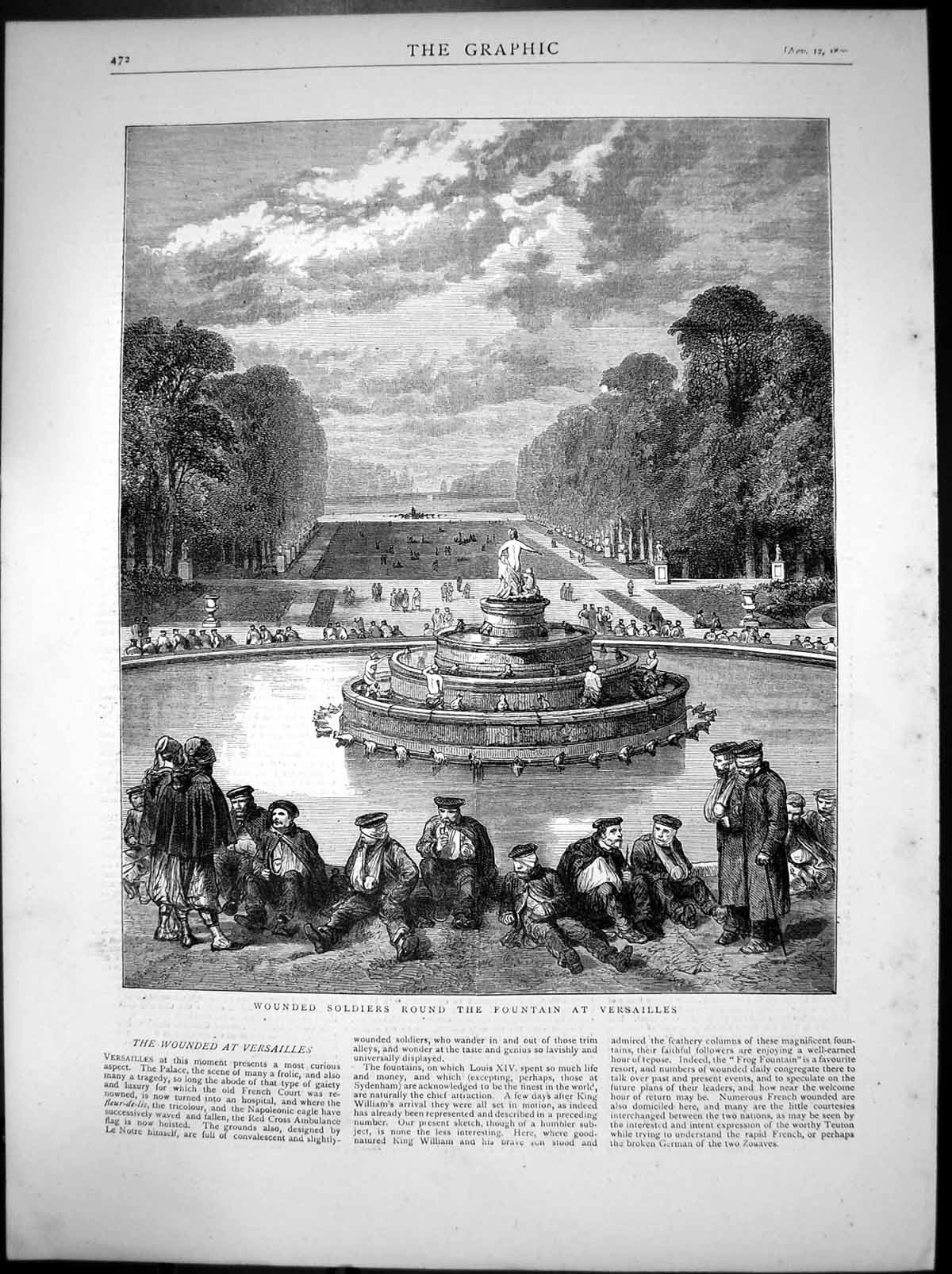 Original Old Antique Print Wounded Siers Fountain Versailles 1870 Victorian