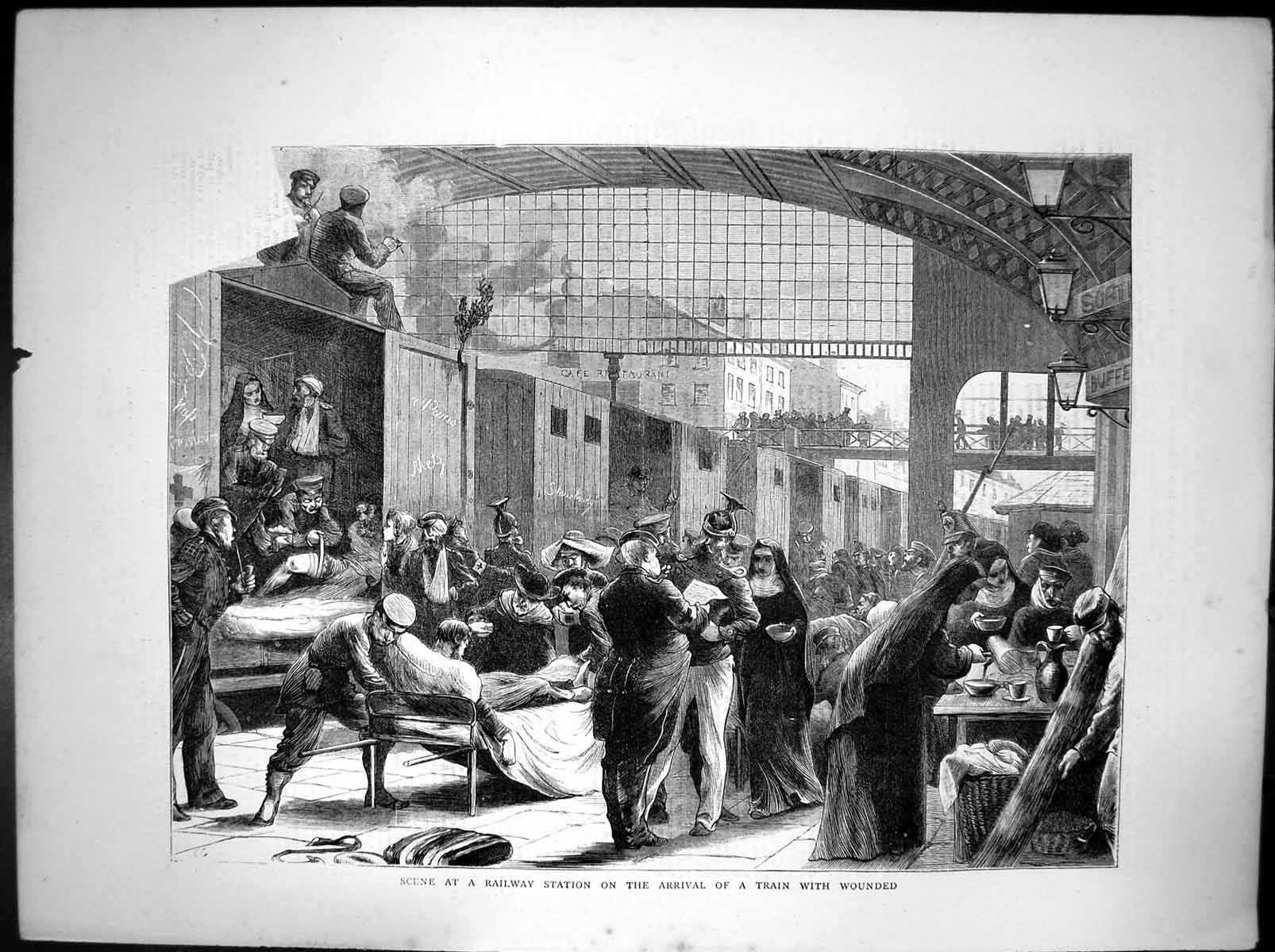 Original Old Antique Print Railway Station Arrival Train Wounded Siers 1870