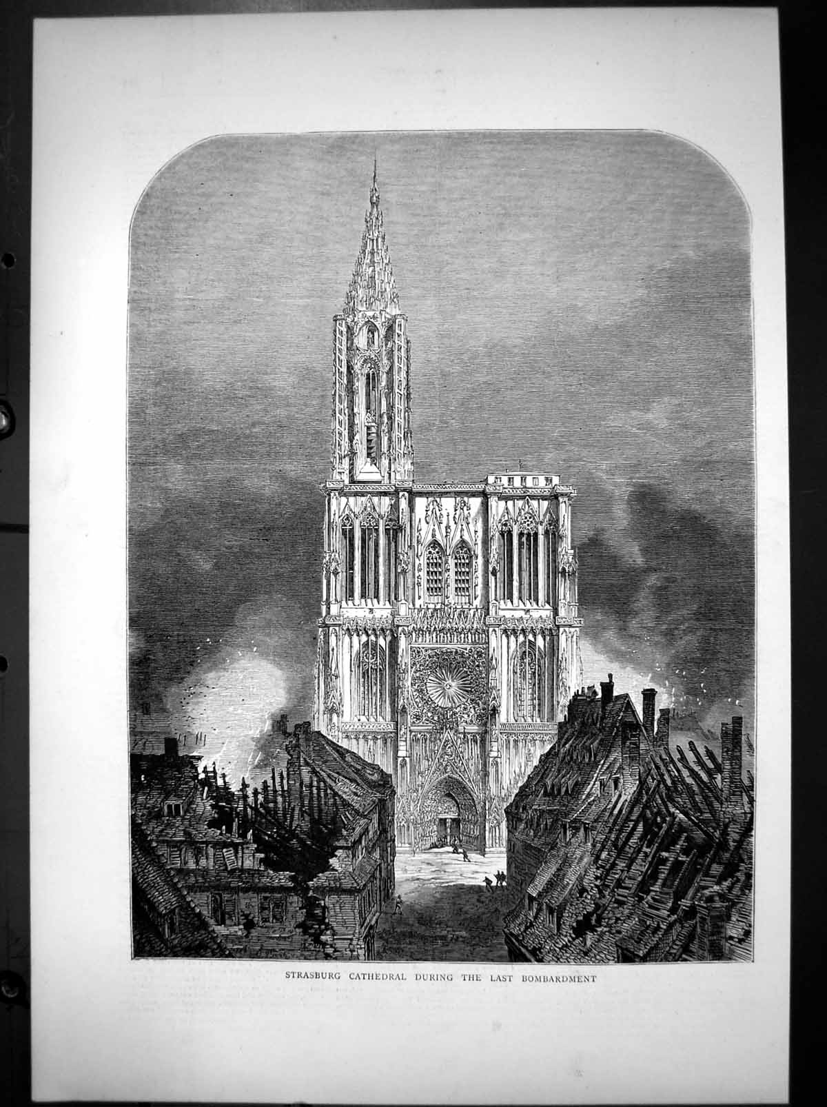 Original Old Antique Print Strasburg Cathedral During Last Bombardment 1870