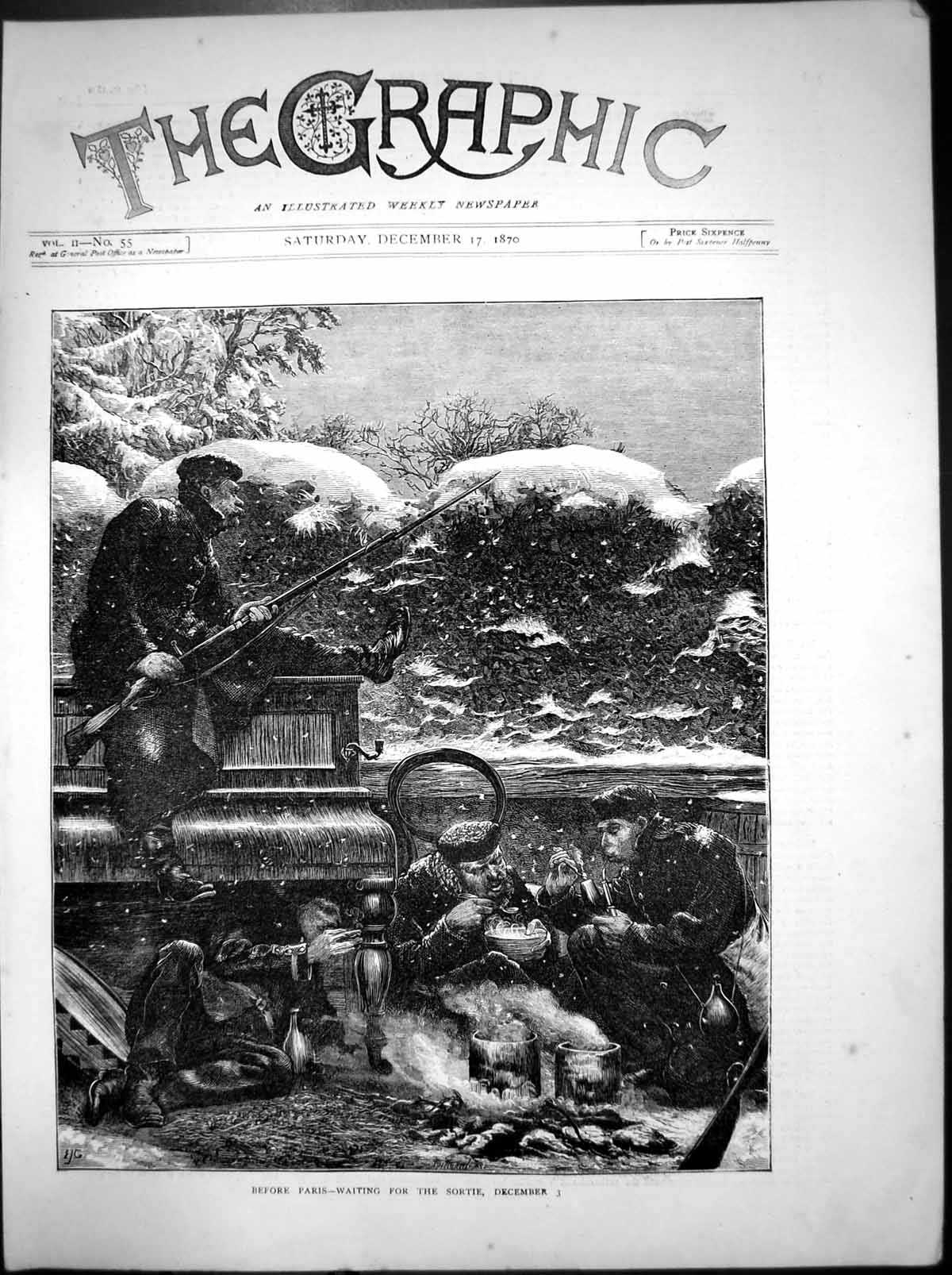 Original Old Antique Print Before Paris Waiting For Sortie December Snow 1870