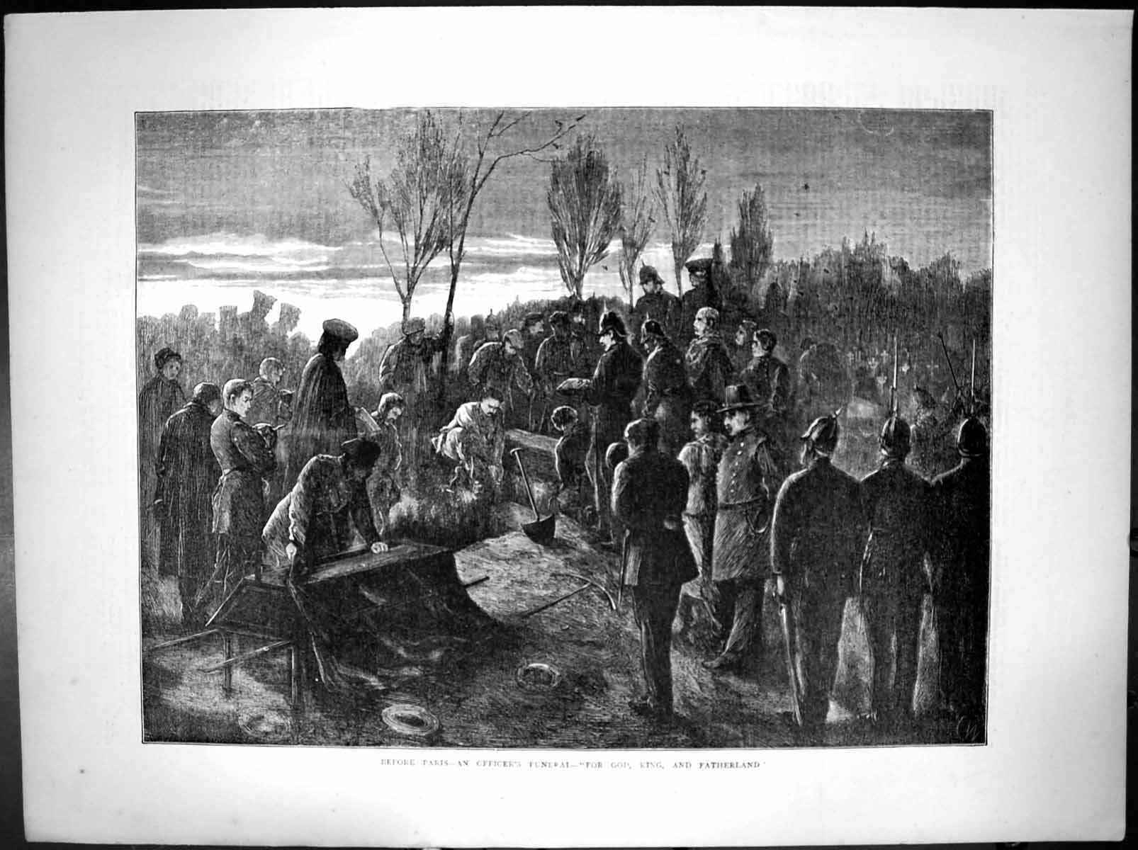 Antique Old Print Before Paris Officers Funeral For God King Fatherland 1870