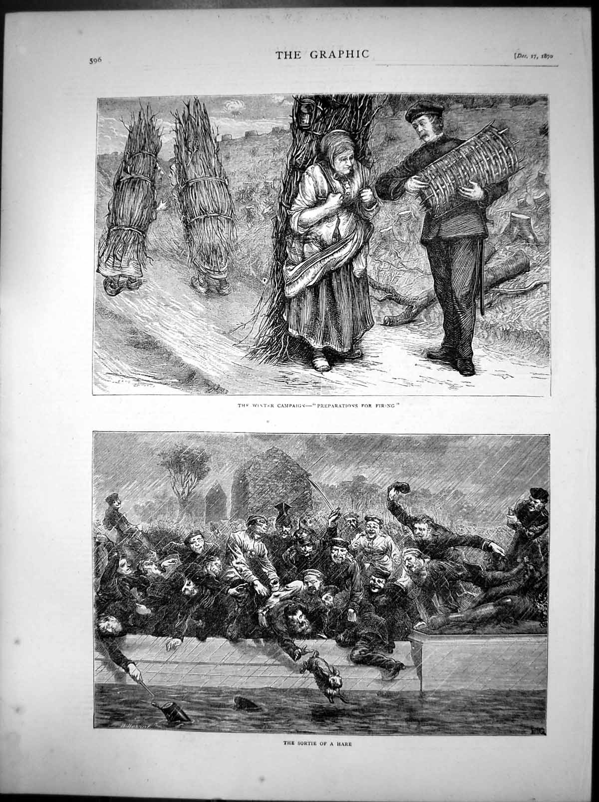 Antique Old Print Sortie Hare Winter Campaign Preparations For Firing 1870 19th