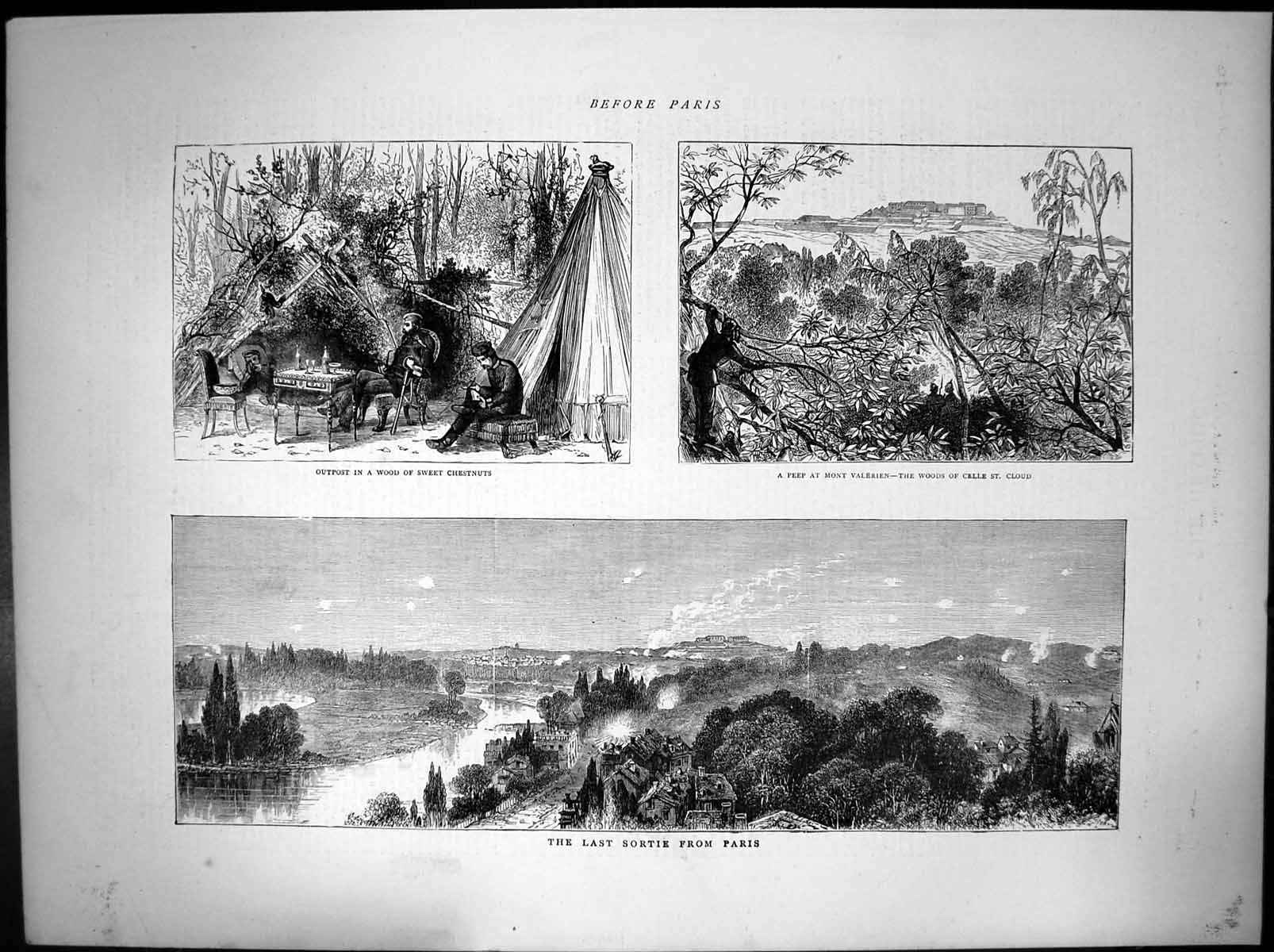 Antique Old Print Last Sortie Paris Mont Valerien Woods Celle St Cloud 1870