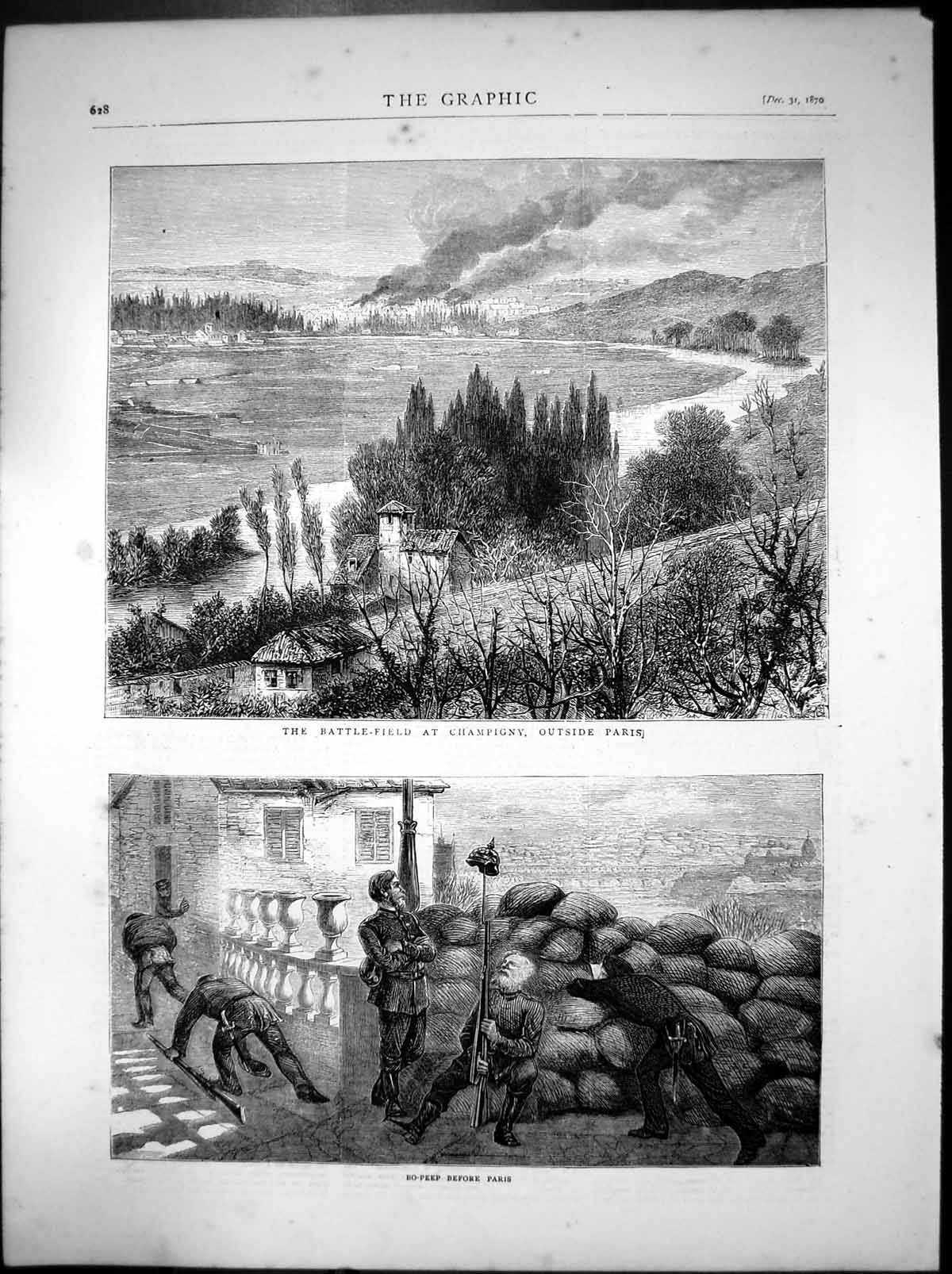 Old Antique Print Battlefield Champigny Paris Bo-Peep Before Paris 1870 19th